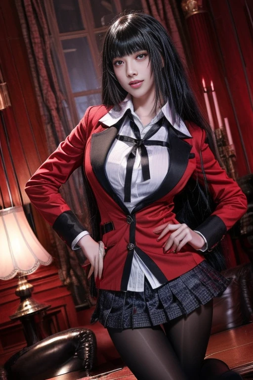 (best quality,masterpiece:1.2),(realistic, photo-realistic:1.4),high resolution, ultra-highly detailed CG unified 8k wallpaper, intricate details, extremely detailed, amazing, incredibly ridiculous, cinematic lighting, (full body, frontal photography, loafers:1.5),,solo, 1girl, (kakegurui yumeko,Yumeko Jabami), a beautiful girl, standing, detailed face,beautiful detailed eyes, long hair, blunt bangs, red eyes, red jacket, pantyhose, white shirt, black ribbon, pleated skirt, hands on hips, photo background, indoors,