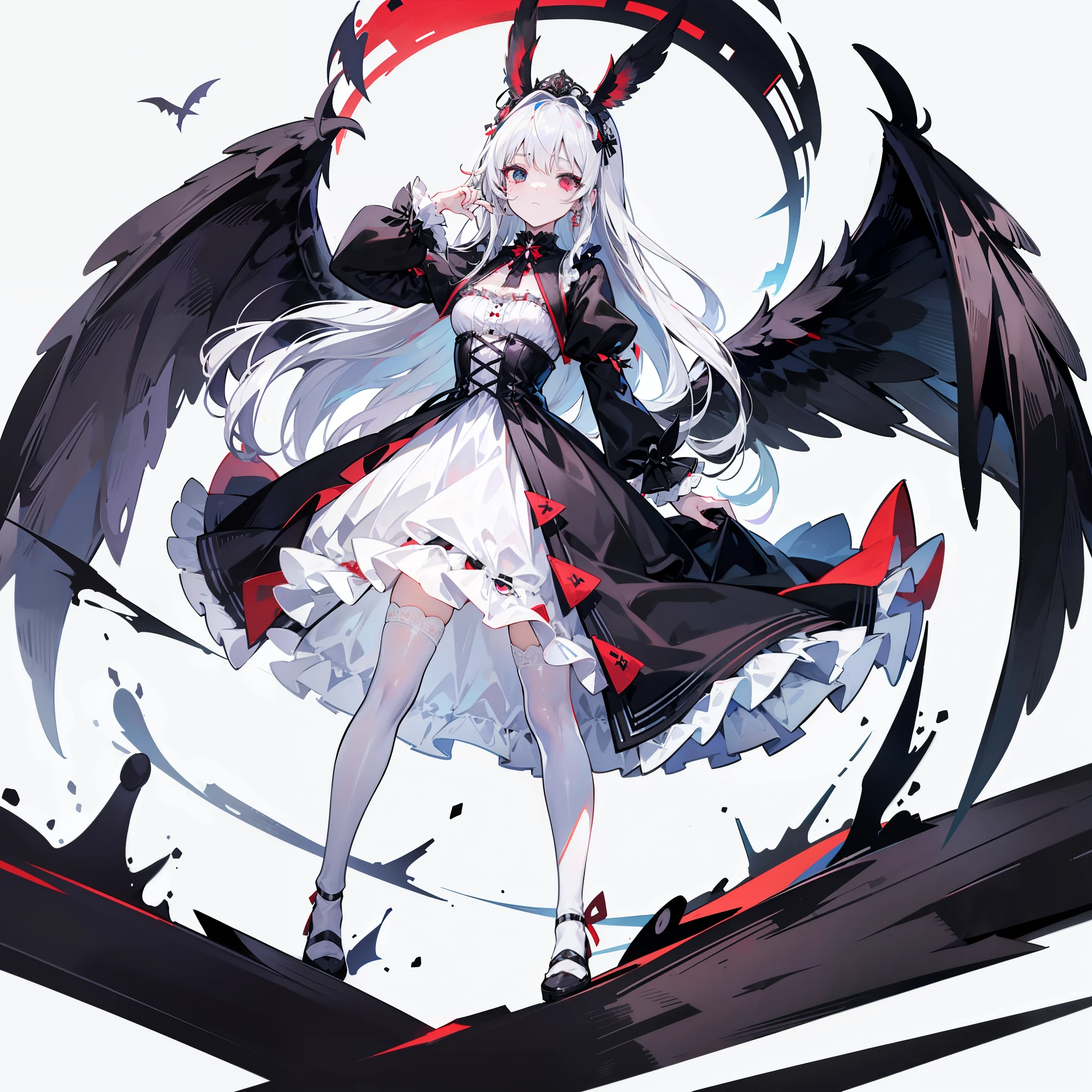 1 girl，solo，（Black flowing hair），（White hair），（Full Body Love），Bunny ears，｛（Heterochromia）（Red Eyes）（black eyes）｝，lolita whore，a pair of black wings，Stand up，｛White background 1：：5｝
