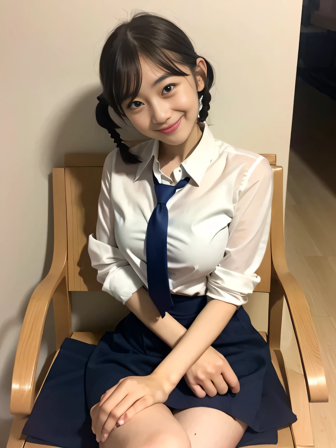 (highest quality、8k、32k、masterpiece、Hmph:1.2)、sexy、、Cute Japanese Women Photos、Twin tails、thin、slender、(Bobcut)、(Small Tits)、double eyelid、 Red open front shirt、Navy blue tie、You can see her underwear faintly、Red mini skirt、Thighs、Light blue wall、whole body、smile、sexy、Sitting in a chair、Thighs are visible