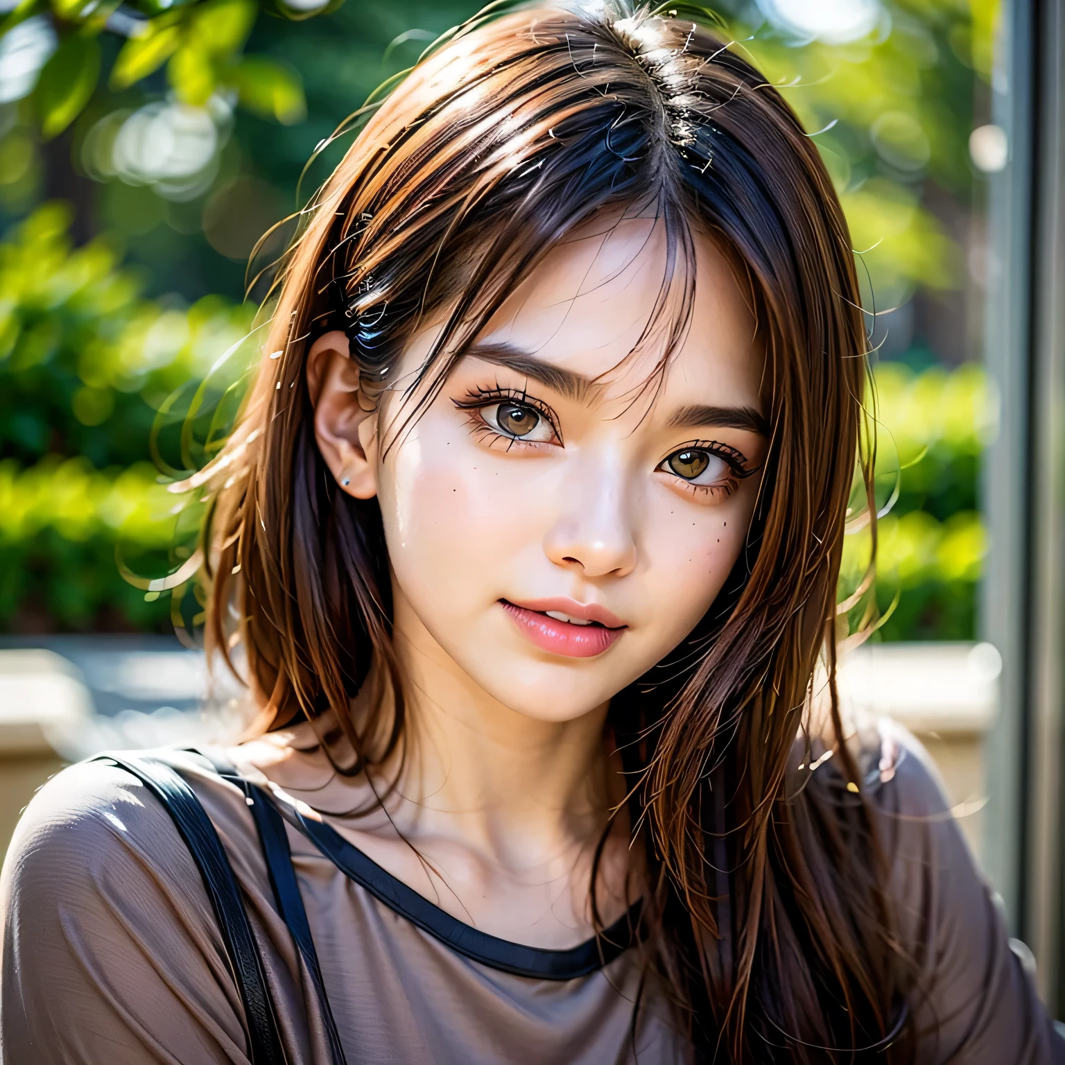 (8k, RAW Photos, highest quality, masterpiece, Realistic, Realistic), (1 female), (Ultimate beauty), Highly detailed face, (Perfect Teeth), Beautiful Eyes, double eyelid, eyelash, smile, Lip details, Brunette Bob, The light shines on your face, ((T-Shirts)), (Upper Body), (background: none), Background Blur