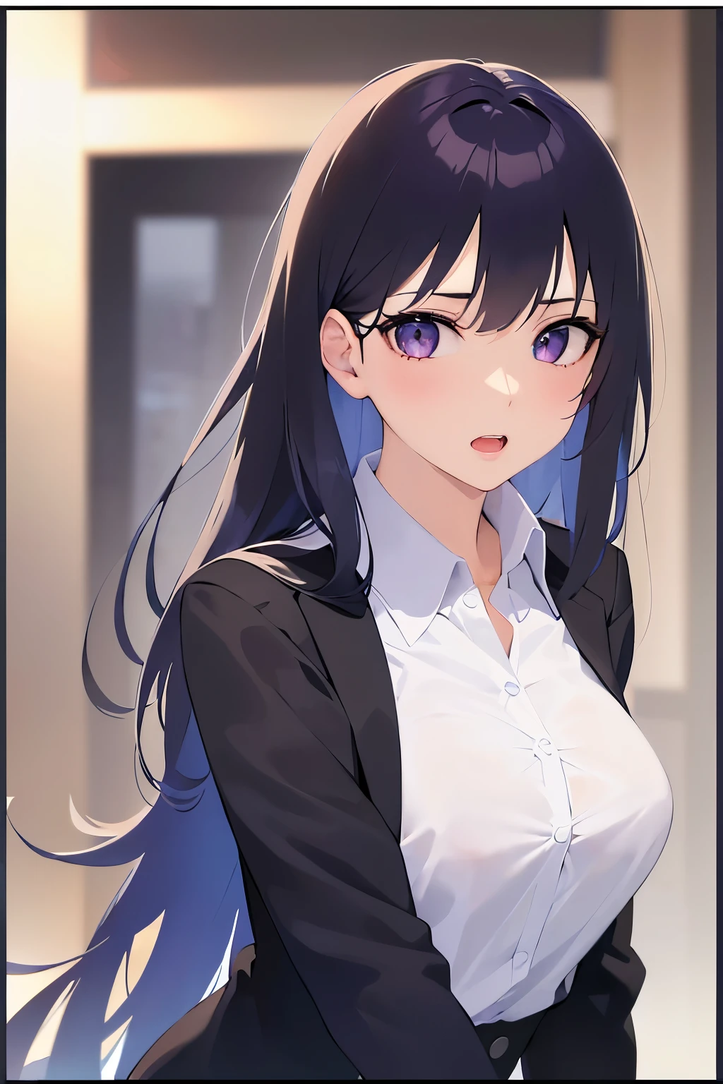 cinematic angle, Upper body, Realistic, real person, (pale skin: 1.2), (RAW photo:1.5), photorealistic, shiny skin, shiny hair、(A 25-year-old woman with straight hair and bangs) and (medium hair) and (black hair) and (purple eyes) and (half eyes), (business suit:1.5) and (white collared shirt), (confused:1.3), open mouth, Background is an office room、alone、Are standing
