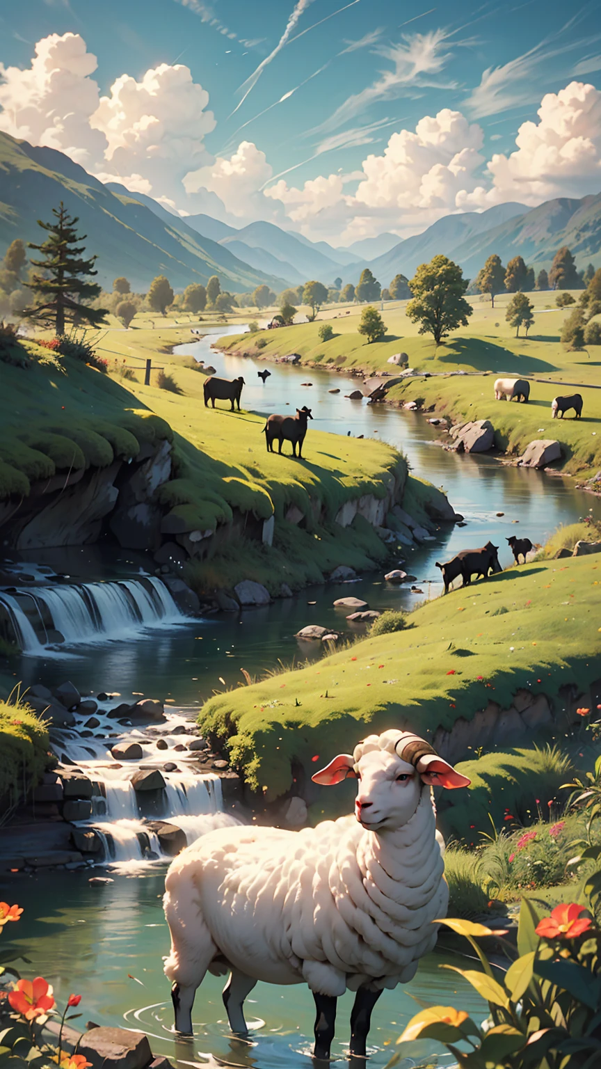 A shepherd woman rests her flock of white sheep by a stream, Near a vast green pasture, There is a valley of dark clouds in the distance, There's an abyss beneath the valley, Dark Clouds of the Abyss, HD detailed, Super detailed, Soft Light, Deep focus bokeh, Ray Tracing. --v6