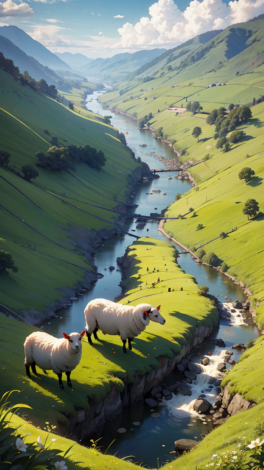 A shepherd woman rests her flock of white sheep by a stream, Near a vast green pasture, There is a valley of dark clouds in the distance, There's an abyss beneath the valley, Dark Clouds of the Abyss, HD detailed, Super detailed, Soft Light, Deep focus bokeh, Ray Tracing. --v6