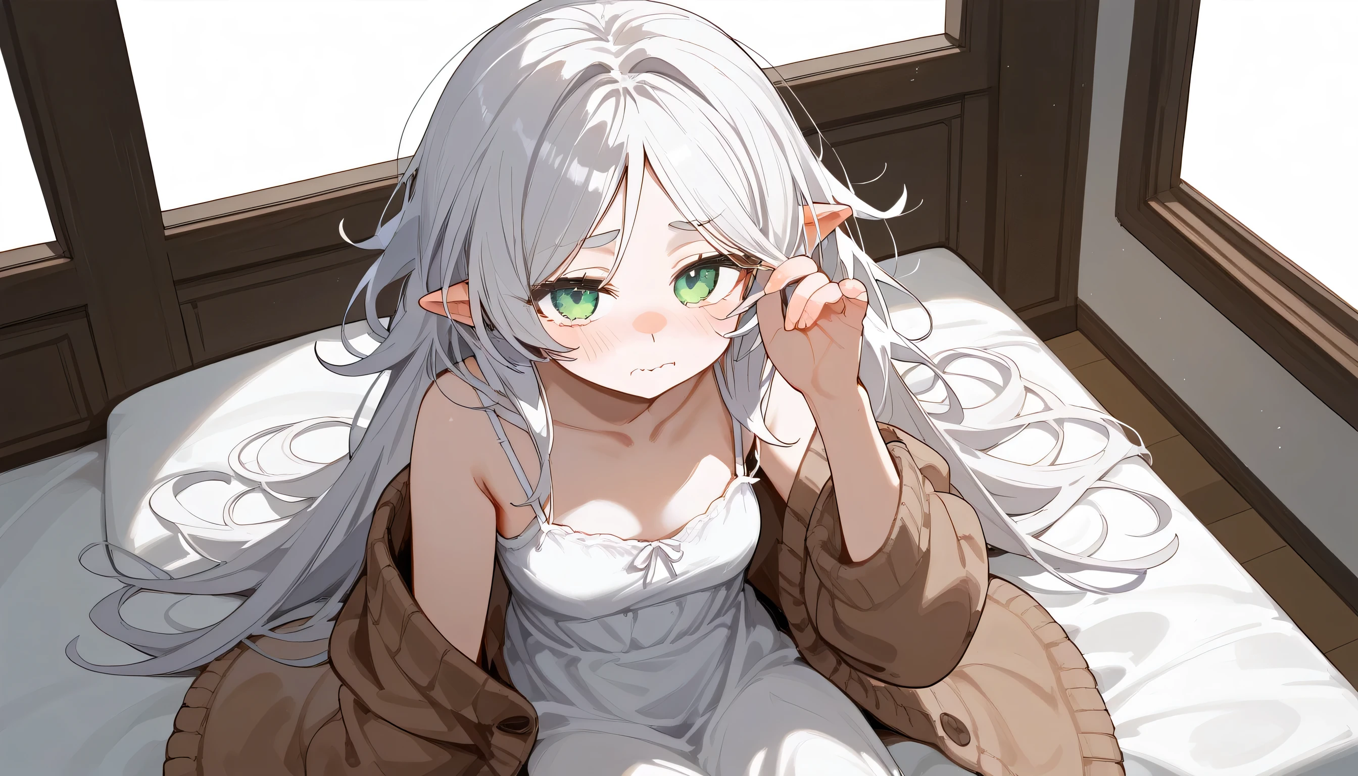 masterpiece, best quality, score_9, score_8_up, score_7_up, 1girl, solo, FrierenSleepwear, green eyes, white hair, long hair, messy hair, white dress, spaghetti straps, sleeveless dress, brown cardigan, sitting on bed, wariza, scratching own eye, sleepy, wavy mouth, looking at viewer, from above, indoors, beautiful, image size 16:9
