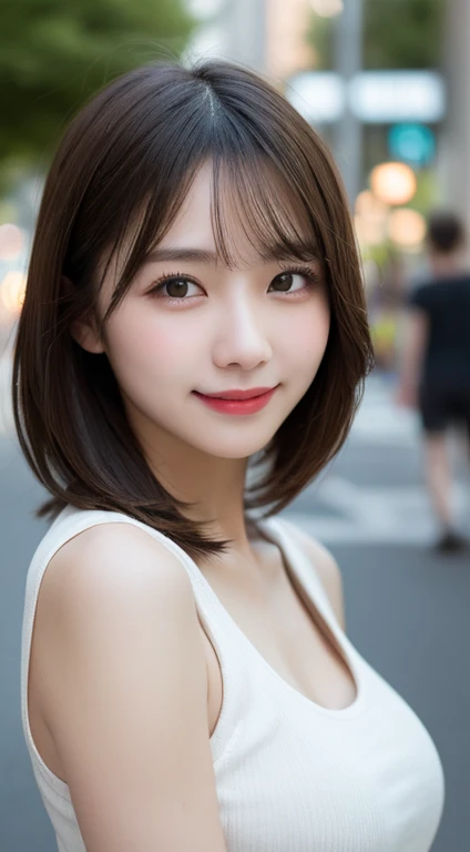 Tabletop, highest quality, shape, Very detailed, In detail, High resolution, 8k wallpaper, Perfect dynamic composition, Beautiful details, Tank top,Medium Hair, Center of chest, Natural color lip, Random sexy poses,smile,Aoyama Street Walk、20-year-old girl