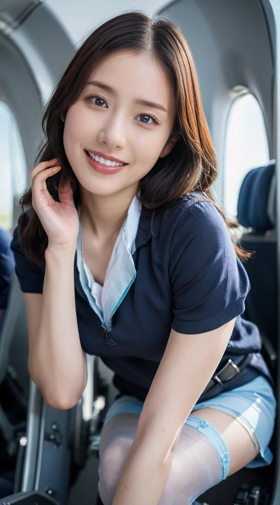 (8K, best quality, masterpiece:1.2), (realistic, photo-realistic:1.37), (high color saturation:1.0), (highly detailed skin), (highest quality:1.0), (ultra high resolution:1.0) ,(realistic:1.0), (Super detailed:1.0), (8K, Raw photo:1.1)、standing random pose, smiling, natural breast, perfect lighting, 3girls, 24years old, (mysterious), clear and detailed, ((ANA_Cabin Crew, blue flight attendant_uniform)), no pantyhose, (aircraft, aircraft seats), cute face, squat , (pick up handkerchief), sexy panties,