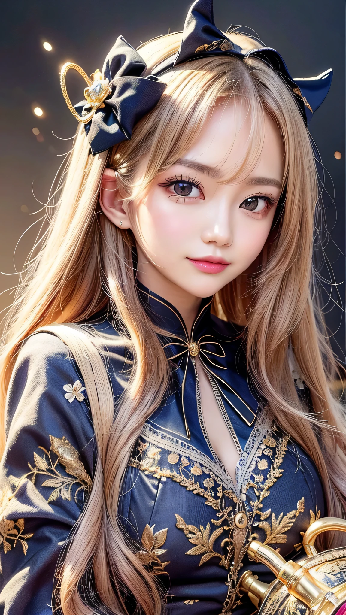 One girl, Long Hair, Light Hair Color, Seductive eyes, Mysterious look, Mature Appearance, Attractive dress, loose fitting dress, Elegant Jewelry, Intricate decoration, Magic symbols, Glowing Accessories, Portion, Scroll, Cute accent, bow, ribbon, Flowers,