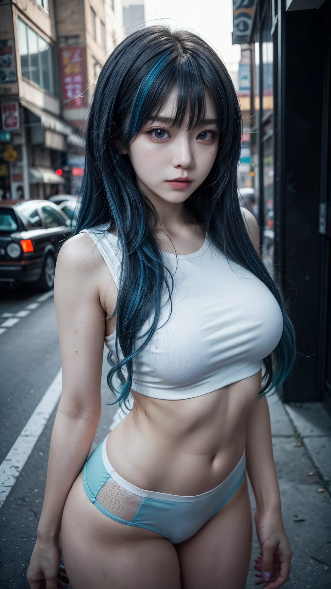 sfw, masterpiece, best quality, highest quality, photorealistic, perfect anatomy, perfect face, perfect eyes, aqua hair, brabulladbgt, red hairband, red gloves, red crop top, blue eyes, skirt, hoop earrings, choker, 1girl, standing against the wall of a street house, sexy pose, wearing bra,((skinny waist)), young asian girl, ((big boobs)),