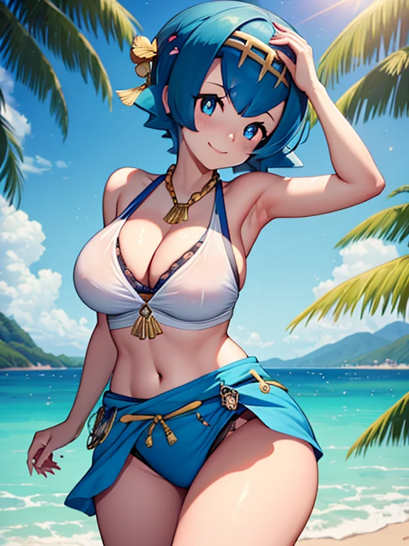 whole body,smile,Big Breasts, (((masterpiece))), (((最high quality))), ((8k)), (Advanced Details), (high quality), (High resolution), Sexy pose,Lana/pokemon,Blue Hair,Shortcuts,Golden hair ornament,Tropical,Elevate your legs,