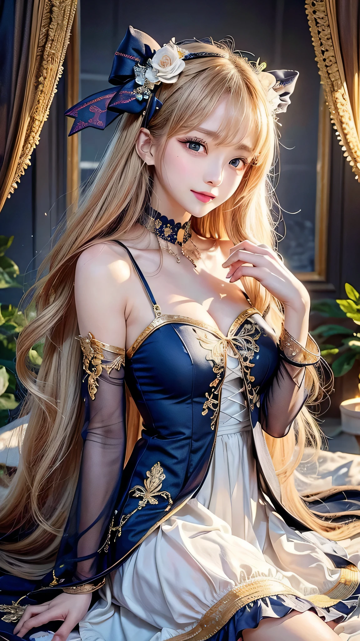 One girl, Long Hair, Light Hair Color, Seductive eyes, Mysterious look, Mature Appearance, Attractive dress, loose fitting dress, Elegant Jewelry, Intricate decoration, Magic symbols, Glowing Accessories, Portion, Scroll, Cute accent, bow, ribbon, Flowers,