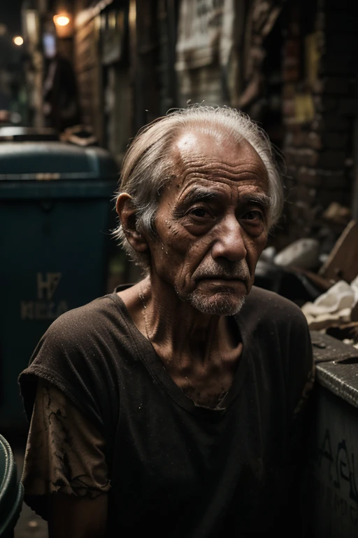 A lonely skinny old man in famine, scavenging trash bin for meal, close up, face detailed, debris over the face, slum neighborhood, dark atmosphere, unreal engine, HD, photoshoot