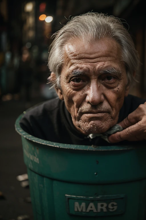 A lonely skinny old man in famine, scavenging trash bin for meal, close up, face detailed, debris over the face, slum neighborhood, dark atmosphere, unreal engine, HD, photoshoot