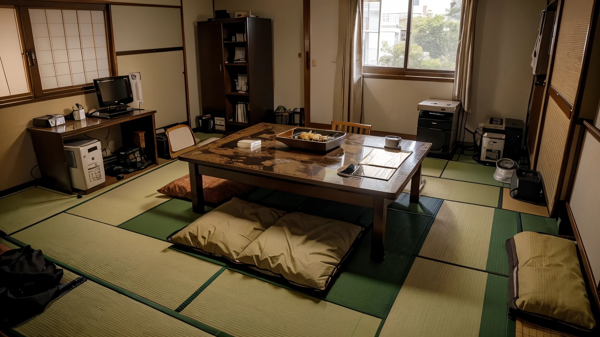 A messy Japanese room with a kotatsu that a man in his 40s has lived in since he was a 