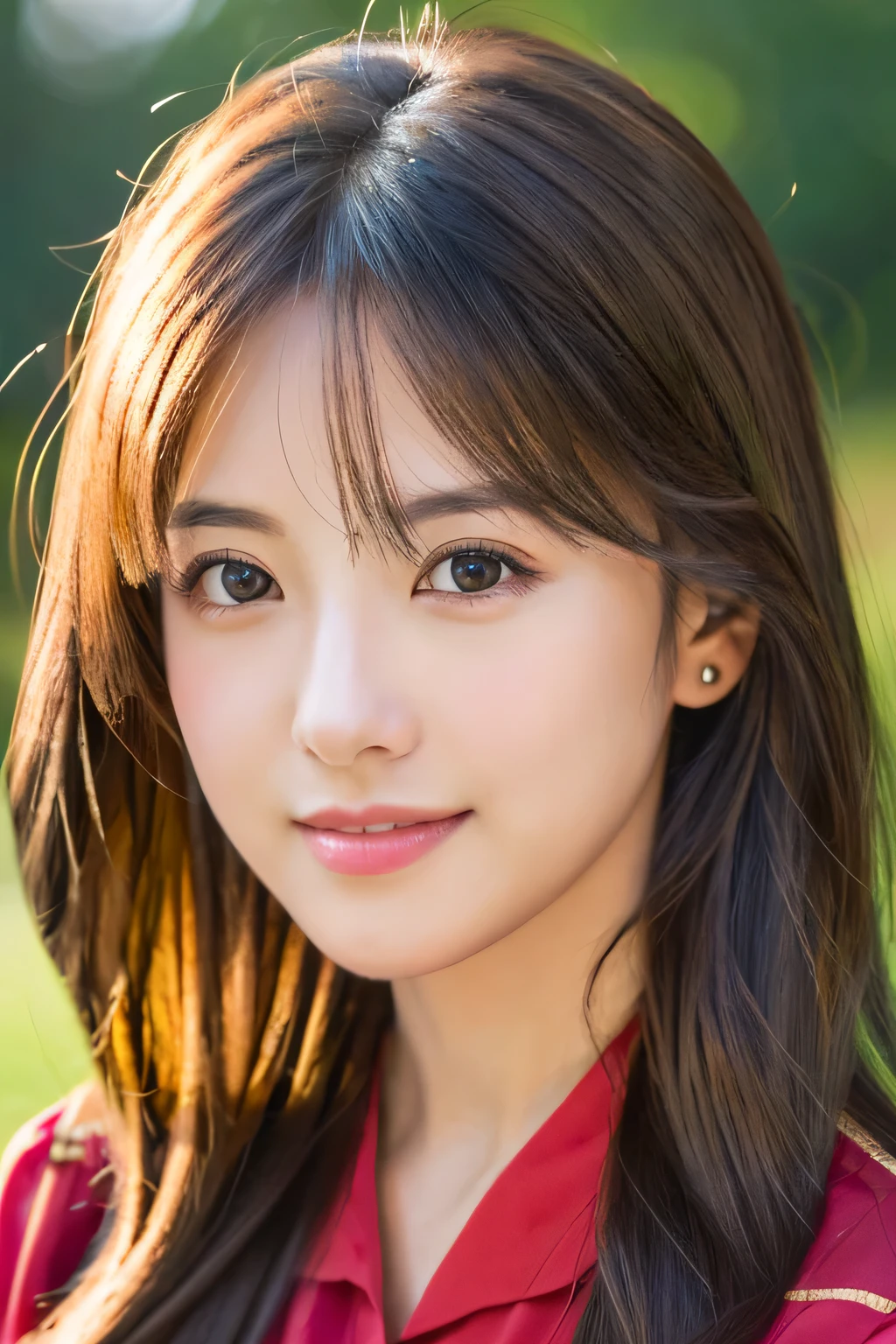 (((8k,Attention to detail,Attention to detail、highest quality,masterpiece,Attention to detail,alone))),RAW Photos & Realistic atmosphere,Beautiful dark eyes,Mouth Details,Glossy Lips,Thin eyebrows,beautiful Eyes、Soft white skin that shines in every detail、Her deep black eyes are very beautiful,Lip details、Very beautiful face,Very beautiful face、A vivid face,beautiful, Glowing Lips,beautiful Eyebrows,Infinite Reality, Realistic Young Gravure Idol,Very cute woman , Young Gravure Idol, Young Gravure Idol, とても美しくてかわいいbeautiful 21 year old beauty,Incredibly beautiful and elegant,beautiful 21 year old beauty,Natural soft light,(Shiny Hair,,beautiful and kind eyes:1.5),A kind smile,Shapely breasts,Long Hair,beautiful posture,No makeup,A little look at the camera,Red Shirt,