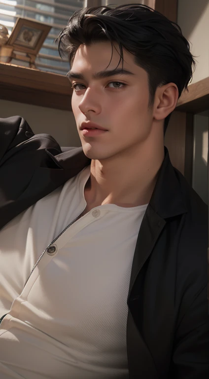 (best quality,4k,8k,highres,masterpiece:1.2),ultra-detailed,realistic,professional,(portraits,concept artists),vivid colors,sharp focus,HDR,studio lighting,(black hair:1.1),(black eyes:1.1), a man, muscualr,strong body,trained, ((wearing half sleeve black jacket)),