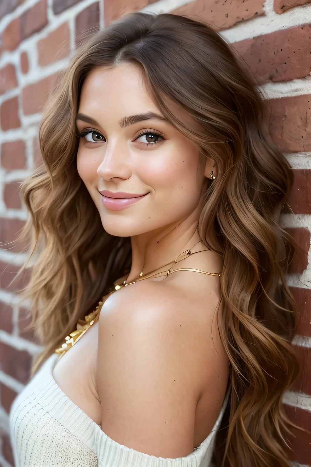 A realist painting of a young woman in her late twenties, solo, with chestnut brown hair cascading down her back in loose waves. Her expressive hazel eyes meet the viewer's gaze, her bare shoulders adorned only with a delicate gold necklace. Dressed in a cozy, off-shoulder sweater that accentuates her  frame, she leans gently against a brick wall, exuding an air of natural beauty and intimacy. The intricate details of her realistic features are captured perfectly, from the subtle texture of her wavy hair to the pores on her flawless, unretouched skin. Her deep-set hazel eyes convey a sense of warmth and