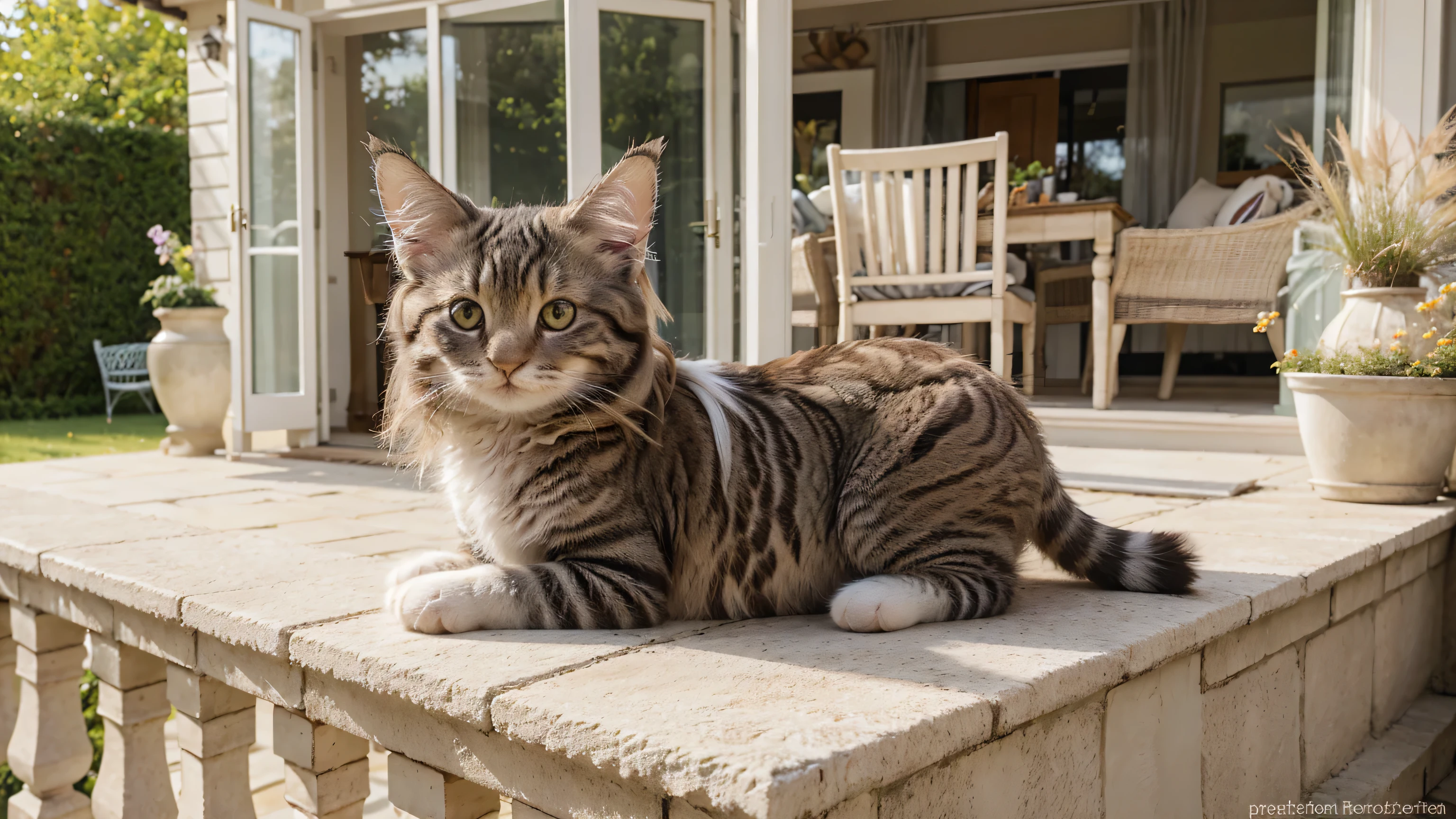 Realistic image of a small, striped, cute Angora cat with thick fur and a bit fat. Feather was clearly visible, tilting his head with a funny facial expression of astonishment, clear eyes on the terrace of the house.