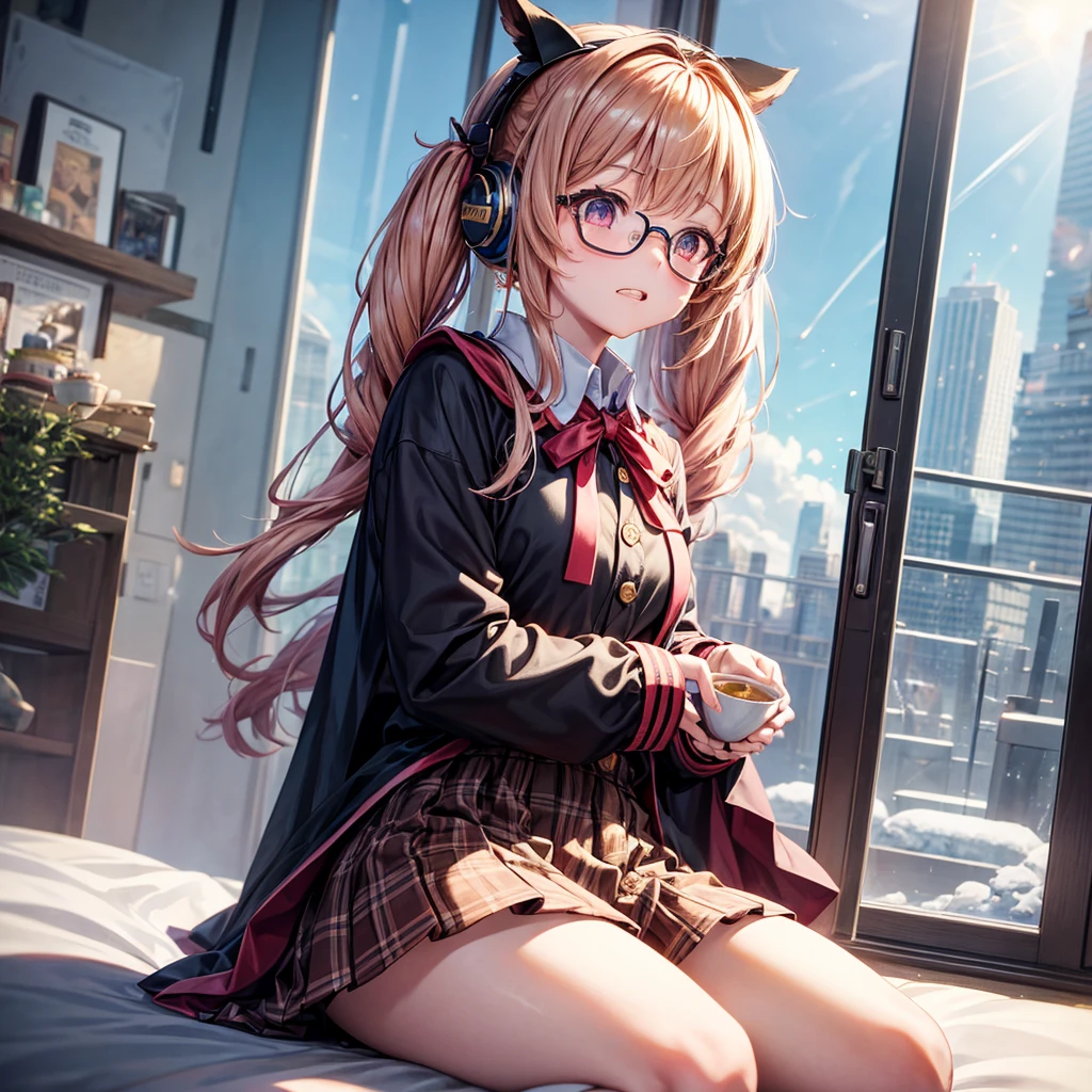 Pink gold golden hair、Golden Eyes、One good looking girl、Twin tails、solo、anime、Checkered mini skirt、The skirt has buttons、Red T-shirt、Long sleeve、China、Cape、Black knee-high socks、Wearing headphones、Wearing a ribbon、Ribbon on waist、Tilting face、Teeth are visible、Sunset sky、The rocks are exploding、Snow is piled up、Rocky Mountain、The clouds are breaking through、Contrail、Glasses、Behind him is a giant World Tree piercing the clouds.、Sitting、Automatic door、Burning Teacup、suspension bridge、Golden Sugar、Touching your face