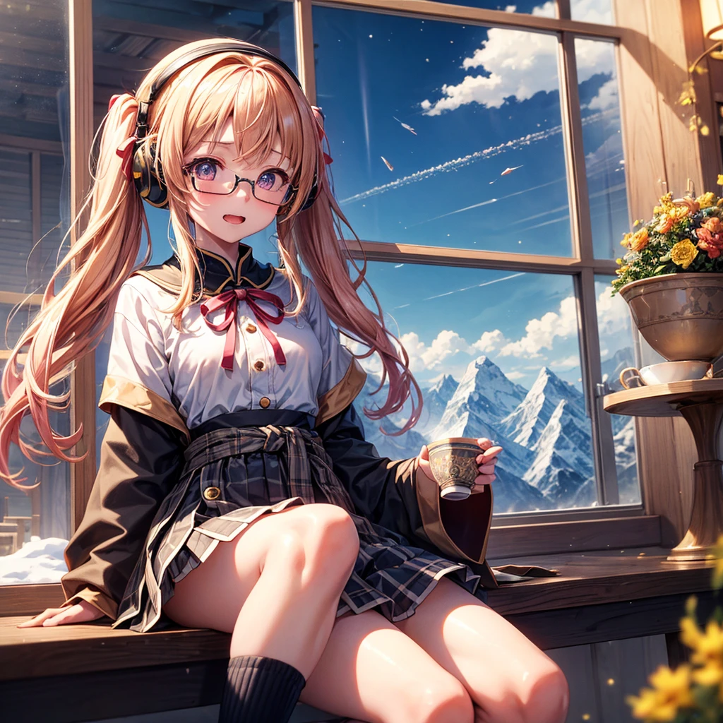 Pink gold golden hair、Golden Eyes、One good looking girl、Twin tails、solo、anime、Checkered mini skirt、The skirt has buttons、Red T-shirt、Long sleeve、China、Cape、Black knee-high socks、Wearing headphones、Wearing a ribbon、Ribbon on waist、Tilting face、Teeth are visible、Sunset sky、The rocks are exploding、Snow is piled up、Rocky Mountain、The clouds are breaking through、Contrail、Glasses、Behind him is a giant World Tree piercing the clouds.、Sitting、Automatic door、Burning Teacup、suspension bridge、Golden Sugar、Touching your face