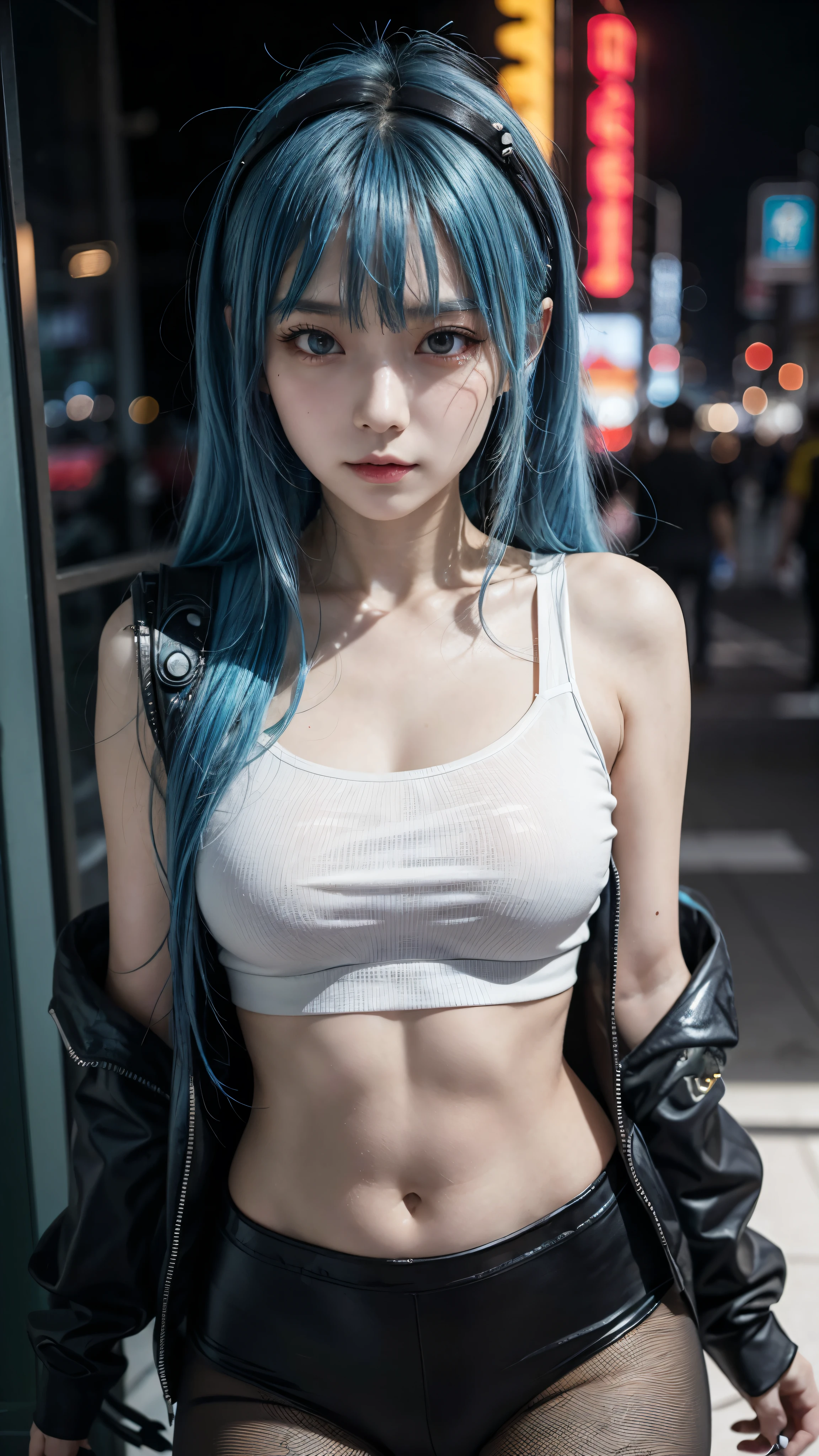 there is a woman with a blue hair and a white top, anime girl cosplay, inspired by Leng Mei, photo of slim girl model, anime girl in real life, seductive anime girl, cyberpunk 2 0 y. o model girl, chinese girl, female cyberpunk anime girl, photo of slim girl, beautiful cyberpunk woman model, anime cosplay, cosplay photo, cosplay