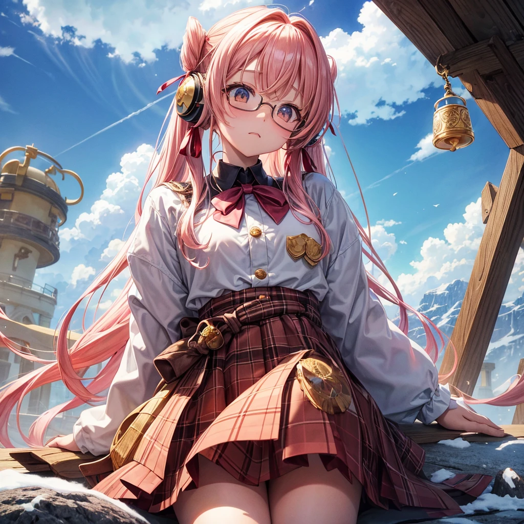 Pink gold golden hair、Golden Eyes、One good looking girl、Twin tails、solo、anime、Checkered mini skirt、The skirt has buttons、Red T-shirt、Long sleeve、China、Cape、Black knee-high socks、Wearing headphones、Wearing a ribbon、Ribbon on waist、Tilting face、Teeth are visible、Sunset sky、The rocks are exploding、Snow is piled up、Rocky Mountain、The clouds are breaking through、Contrail、Glasses、Behind him is a giant World Tree piercing the clouds.、Sitting、Automatic door、Burning Teacup、suspension bridge、Golden Sugar、Touching your face、There's a sword stuck in the mountain