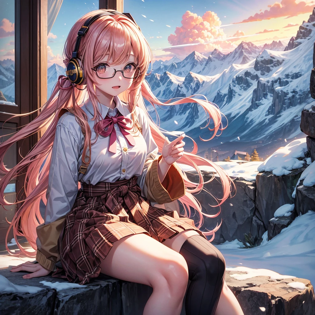 Pink gold golden hair、Golden Eyes、One good looking girl、Twin tails、solo、anime、Checkered mini skirt、The skirt has buttons、Red T-shirt、Long sleeve、China、Cape、Black knee-high socks、Wearing headphones、Wearing a ribbon、Ribbon on waist、Tilting face、Teeth are visible、Sunset sky、The rocks are exploding、Snow is piled up、Rocky Mountain、The clouds are breaking through、Contrail、Glasses、Behind him is a giant World Tree piercing the clouds.、Sitting、Automatic door、Burning Teacup、suspension bridge、Golden Sugar、Touching your face、There's a sword stuck in the mountain