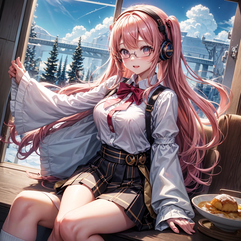 Pink gold golden hair、Golden Eyes、One good looking girl、Twin tails、solo、anime、Checkered mini skirt、The skirt has buttons、Red T-shirt、Long sleeve、China、Cape、Black knee-high socks、Wearing headphones、Wearing a ribbon、Ribbon on waist、Tilting face、Teeth are visible、Sunset sky、The rocks are exploding、Snow is piled up、Rocky Mountain、The clouds are breaking through、Contrail、Glasses、Behind him is a giant World Tree piercing the clouds.、Sitting、Automatic door、Burning Teacup、suspension bridge、Golden Sugar、Touching your face、There's a sword stuck in the mountain