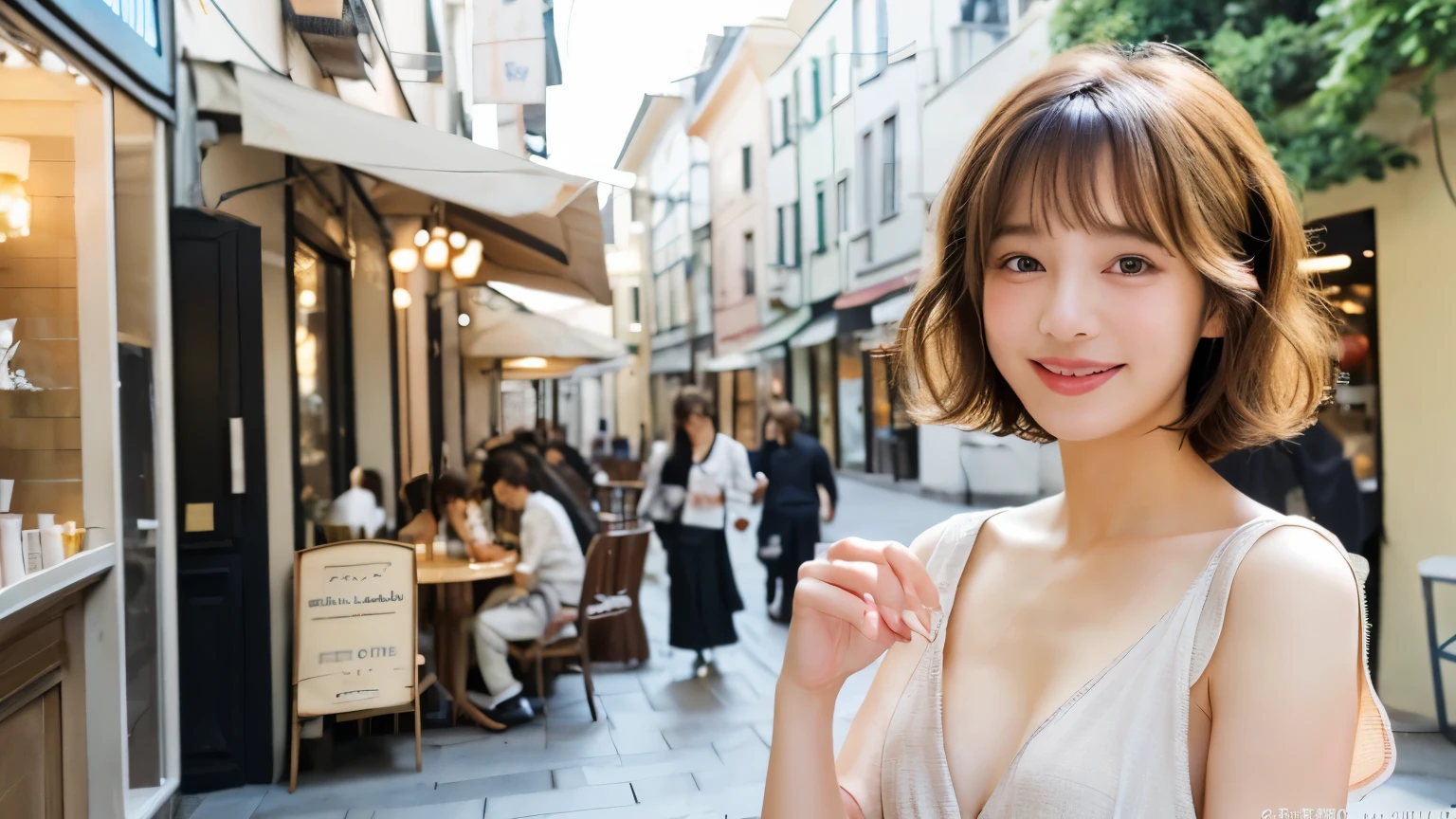 super high quality, Short Hair, Slender, Gravure photoshoot, The staff is working at the counter in the back., (8k、RAW Photos、highest quality、masterpiece:1.2), Japanese Idol, Stylish café, The cafe is crowded with people enjoying themselves., (Realistic、Photorealistic:1.37), Mesh Hair, Urban Cafe, Golden Ratio, Raw photo, Cute face , Light Brown Hair, Small breasts, Bright cafe interior, Blurred Background, Beauty salon model, Spring Clothes, Curly Hair, Beautiful hairstyle, Spoiled, Cafe Terrace, Open Cafe, Smile, Hair blowing in the wind, Neat clothes, 18-year-old, younger sister, 
