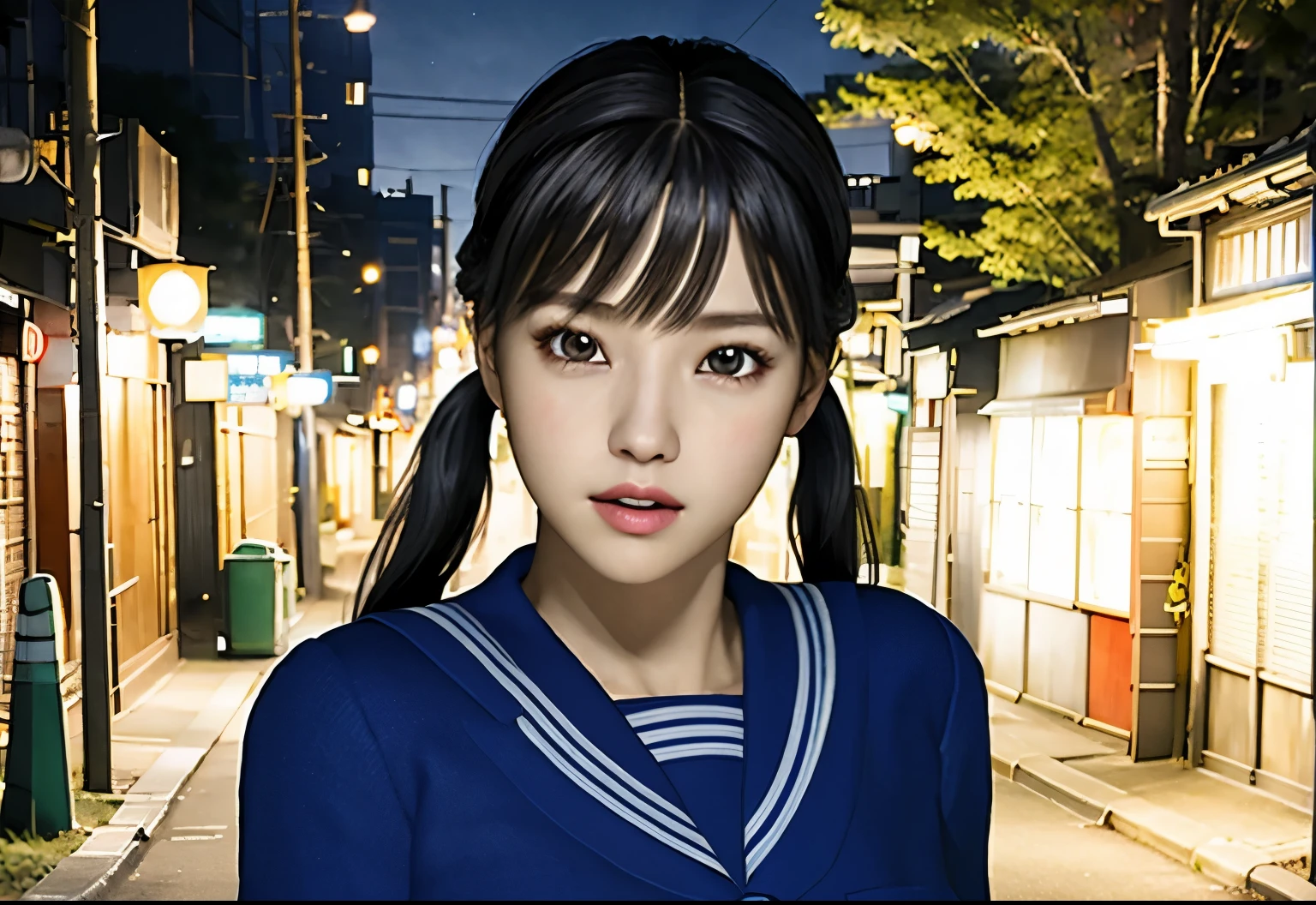 (masterpiece, highest quality:1.2), One girl, alone、(8k, highest quality, masterpiece:1.2), (Realistic, photo-Realistic:1.37), Very detailed,highest quality, Ultra-high resolution, Professional Lighting, Photon Mapping, Radio City, Physically Based Rendering, Dim Street Lights,  Midnight Road,Written boundary depth, Sharp focus,Sunbeam, Good composition,(whole body), lonely alley、Beautiful black hair、Twin tails、Beautiful thighs、１７Japan Female、