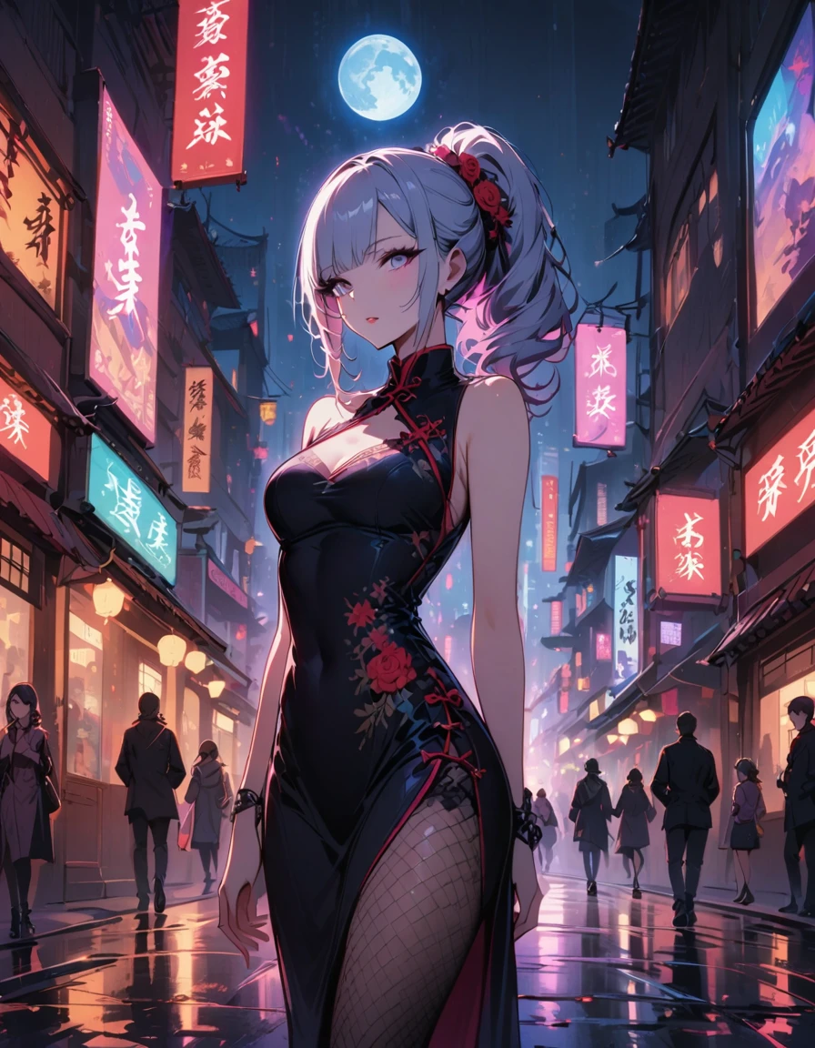 Fashion magazine cover: night, full moon, 1 adult woman, Chinese Architecture, cheongsam, China costume, Royal sister, cold face, Poker face, woman with long silver hair, light pink lips, fishnet stockings, calm, intellectuals, Three bangs, gray pupil, street view, facial details,masterpiece, best quality,