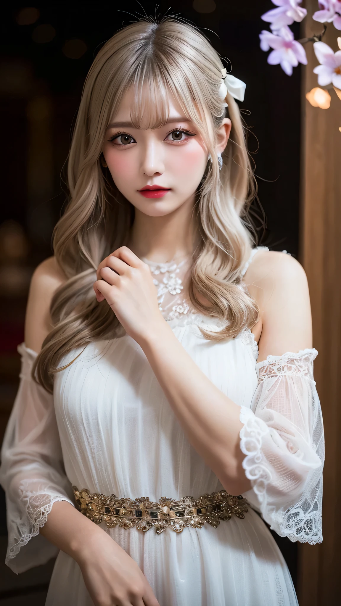One girl, Long Hair, Light Hair Color, Seductive eyes, Mysterious look, Mature Appearance, Attractive dress, loose fitting dress, Elegant Jewelry, Intricate decoration, Magic symbols, Glowing Accessories, Portion, Scroll, Cute accent, bow, ribbon, Flowers,