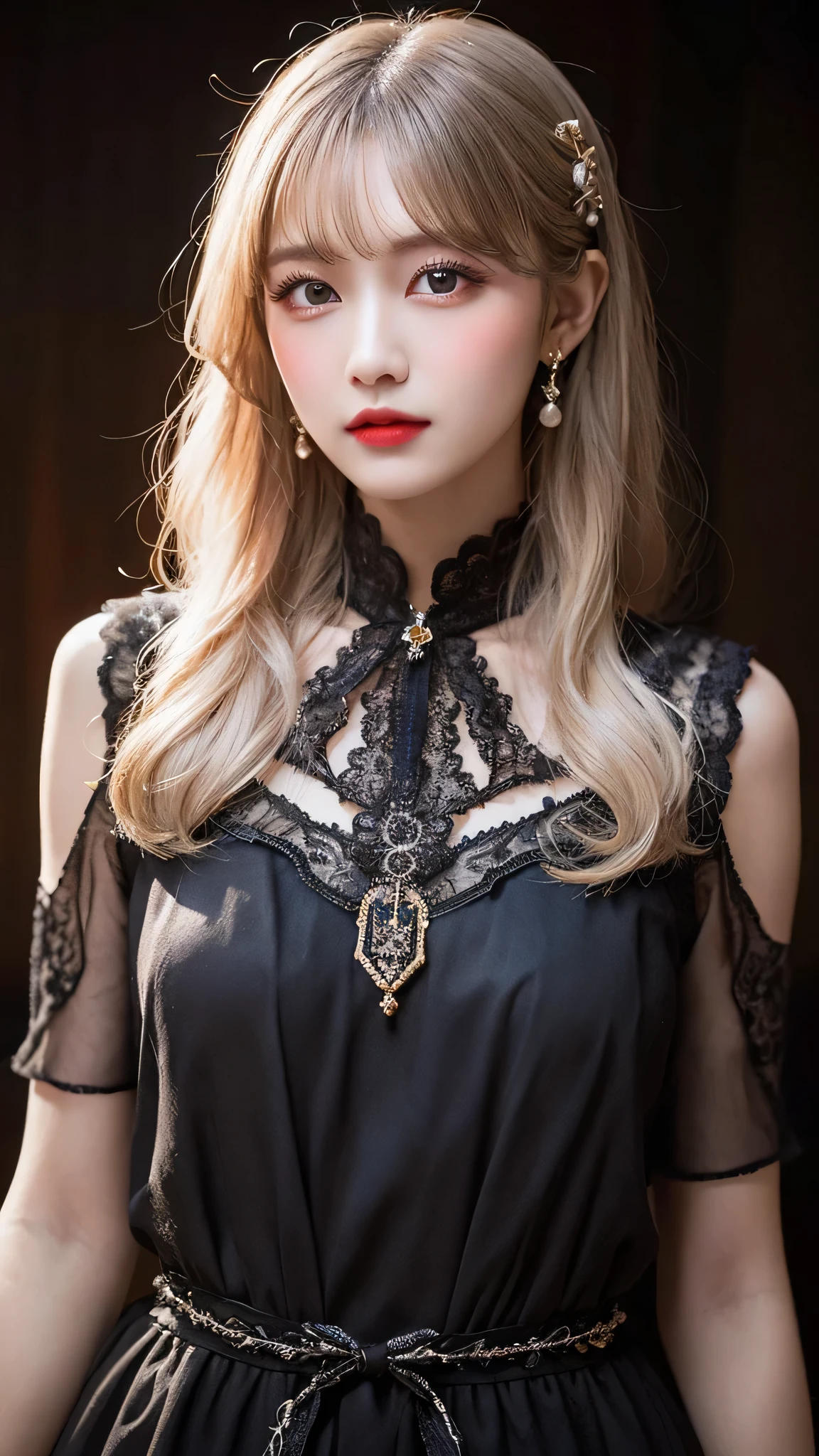(((surreal woman)))、((Very beautiful 30 year old white woman))、(((Big big boobs)))、(((Big big cleavage)))、のwitch girl、blonde mature、Plump figure、smile、Middle-aged beauty 、Very delicate and delicate skin texture、witch girl、{(Ancient ornate and luxurious temple)、(Many torches are burning)}、Red lips、Beautiful scarlet eyes、(((Gorgeous and glamorous silver outfit and luxurious accessories)))、I have a shiny platinum wand、