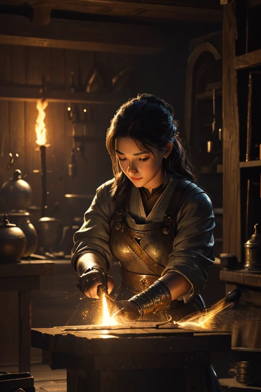 (((medium full shot))), (Masterpiece, photorealistic, photorealism, best quality, ultra-detailed:1.3), (nice hands, perfect hands), official art, cinematic light, (1girl:1.3), adult, RAW photo, blacksmith forges a glowing magical sword in an anvil-filled workshop, sparks swirling around in a mystical dance