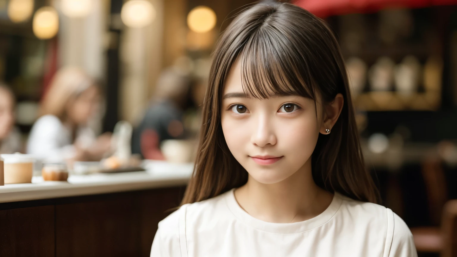 masterpiece, highest quality, 8k, Disorganized person, (Upper Body:1.4), Stylish cafe,White shirt, beautiful girl, Pretty face, Looking at the audience, smile, Ultra-realistic, High resolution, photograph, Sharp focus, High resolution, Face Light, Dynamic Lighting, Cinema Lighting, Professional Shadow, Beautiful cafe background, Best details, Very detailed, Very detailed, finely, Real Skin, Delicate facial features, Detailed face and eyes, Sharp pupils、Real students