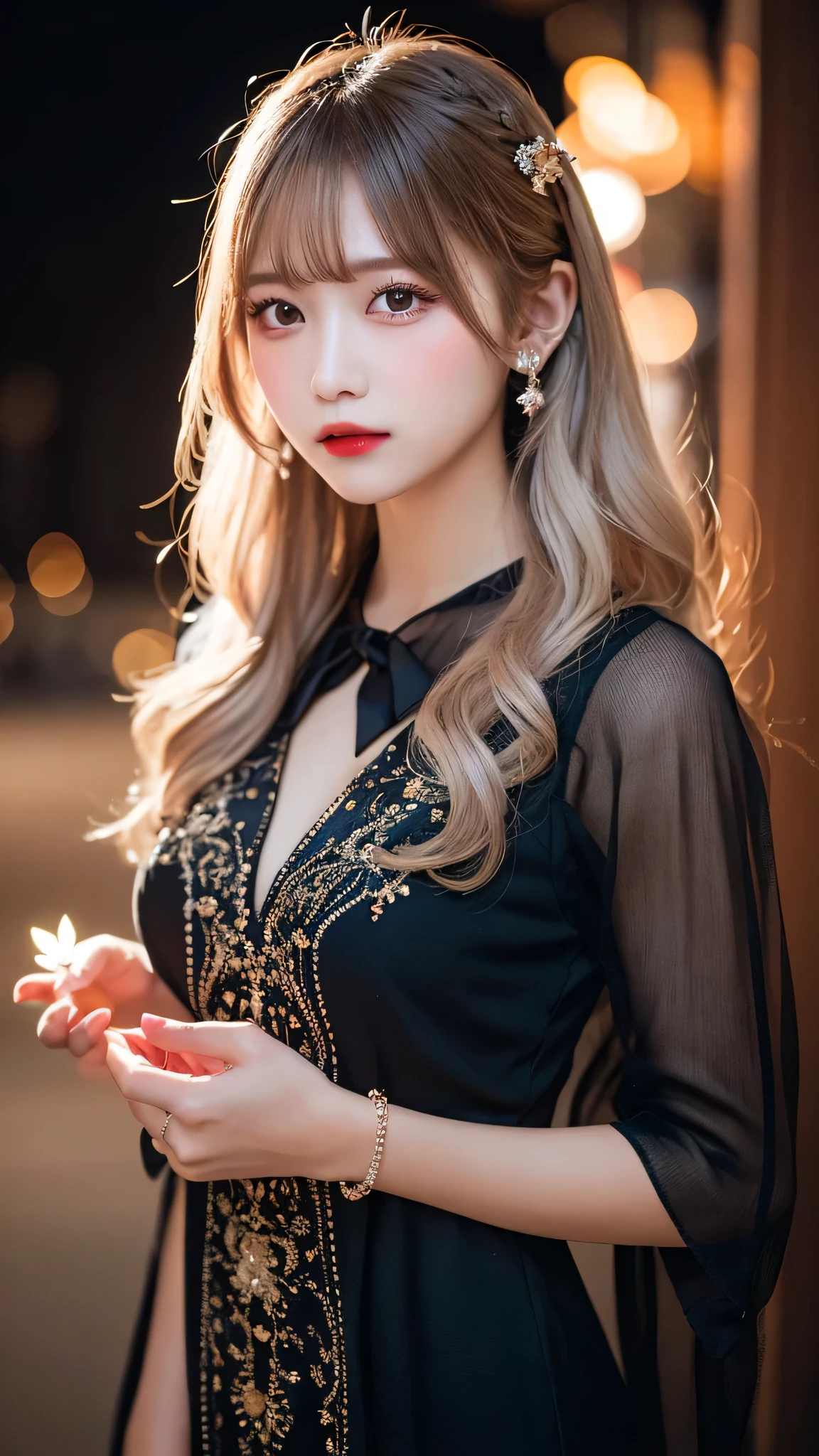 One girl, Long Hair, Light Hair Color, Seductive eyes, Mysterious look, Mature Appearance, Attractive dress, loose fitting dress, Elegant Jewelry, Intricate decoration, Magic symbols, Glowing Accessories, Portion, Scroll, Cute accent, bow, ribbon, Flowers,