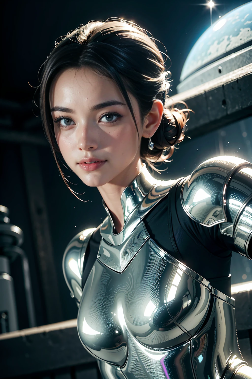 highest quality, masterpiece, Realistic,  smile、Adult women、 Metallic Dresses, Messy [Updo|Hanging] hair, (whole body:0.8), alone, (whole body:0.8),  Detailed Background, Detailed face, Sc3pt4, Sci-Fi Theme:1.1), Mercury Wizard, melancholic, Surrounded by iridescent silver waves, Image of alchemy, reflection, silver liquid, Metallic luster, Shiny, Dynamic pose, Fluid movement, Suspended particles, Drops of mercury, Flowing Metal, Mercury Blend, Alien planet in the background, Dripping mercury layer, Volumetric lighting, Cinematic atmosphere, Sharp details, Skin with attention to detail, Realistic skin texture, Sexy pose