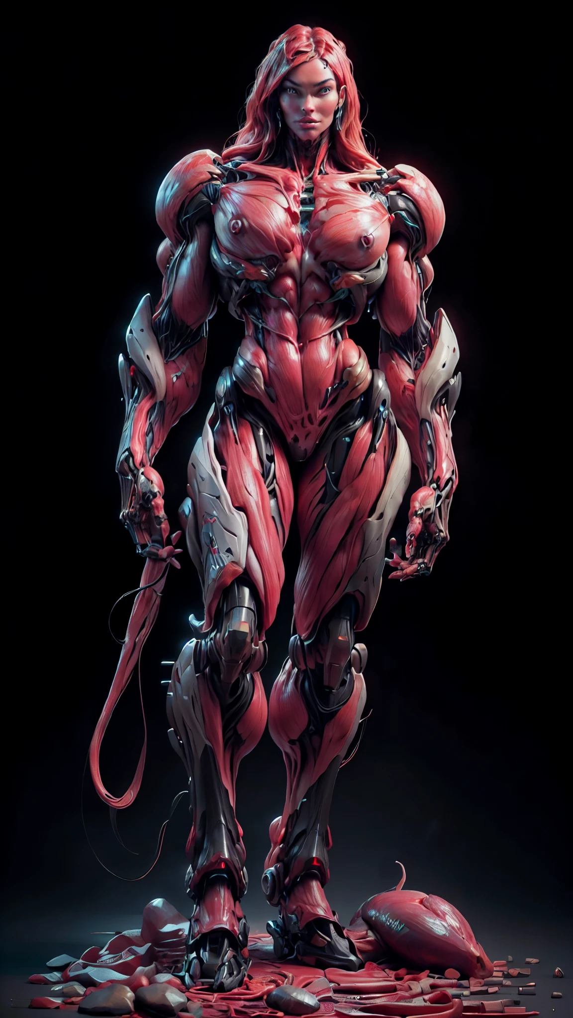 (1 girl), (megan fox:1.25), (muscular android girl wearing a black red anatomic bio-mecha cybernetic muscle suit:1.25), (wide shoulders:1.25), (muscular defined physique:1.25), (large muscular breasts:1.25), perfect clawed hands, (very long hair:1.25), looking at viewer, high resolution image, extreme detail, blank background