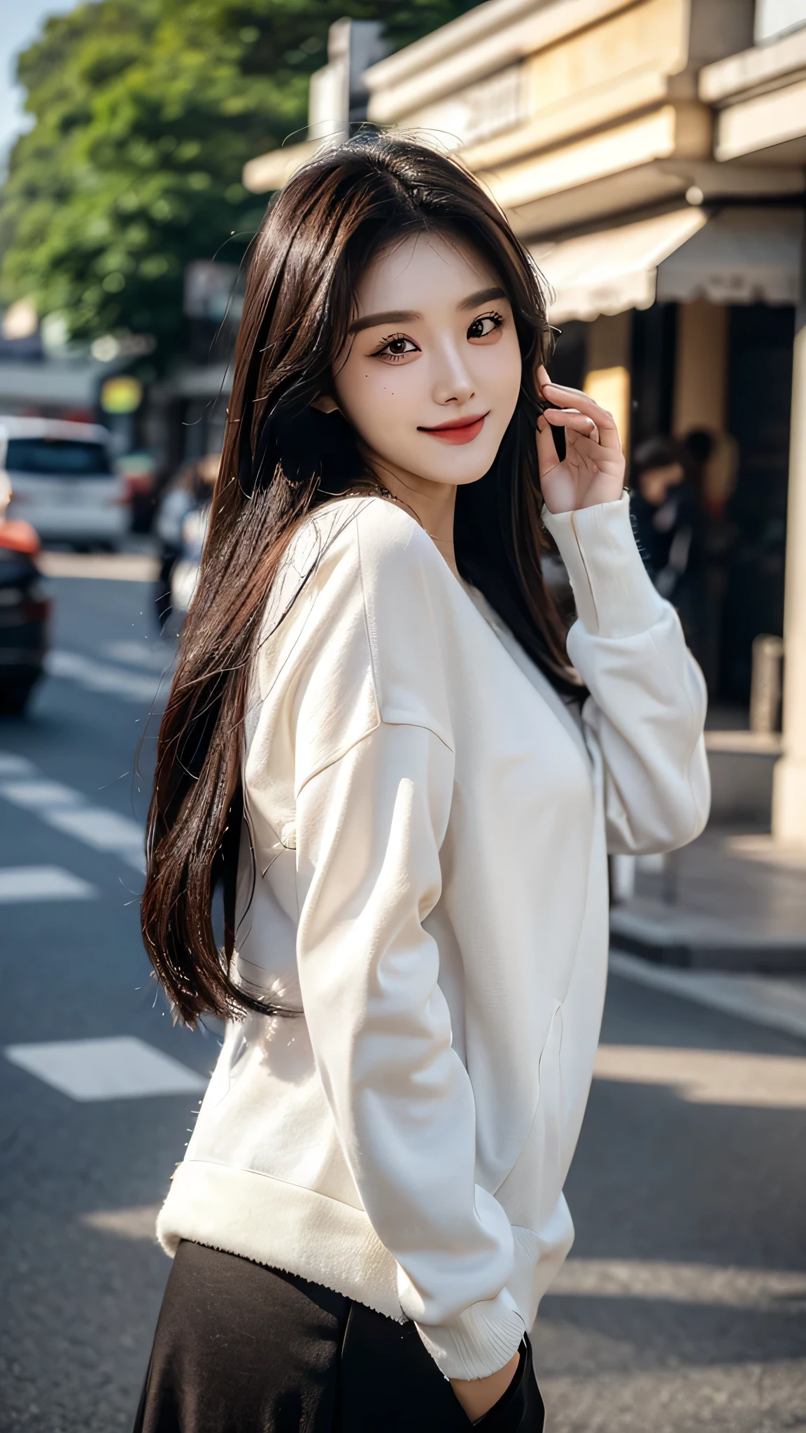 masterpiece、top-quality)、1 beutiful girl、Slim body、((Black and white plain clothes:1.1))、((Wearing black sunglasses )), (Detailed beautiful eyes)、Walk around the store、((Boyish Brown Medium Hair))、((Smaller face))、((Neutral face))、((Face seen from the side))、((Light brown eyes))、((Korean Girl))、((18year old))、((cool lady))、((A shy smile on his face))、((Korean Makeup))、((elongated and sharp eyes))、((Happy dating))、((looking distantly))、((boyish))、((Shot from the same height as your face))、((Shorter than viewer))、((She is running ahead of the viewer))、((Hold your mouth with your hand)), CG rendering, Blurred background, deep shadow, 16K, Very detailed, wallpaper, depth of field, movie light, lens flare, Ray tracing.