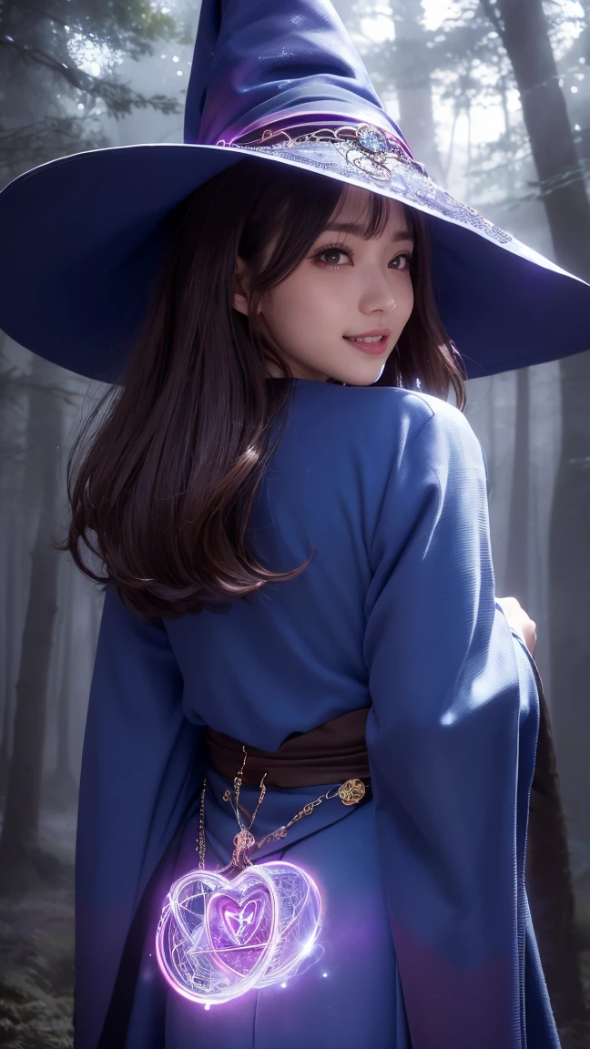 Realistic, masterpiece, highest quality, Highest resolution, One Japanese woman, Happy smile, Detailed and beautiful eyes, Iris, Sparkling eyes, Thin eyebrows, Thin and long eyelashes,Eyelash extensions, Natural Makeup, (Three-stranded, Brown Hair:1.2), Detailed face, She looks to the side and into the distance, laughing, Mouth open, cheeks pink, (magician, Magical forest background,Mysterious atmosphere,Vibrant colors,Dark and mysterious lighting,Magic spells,Glowing magic crystals,Blue Costume,Ornate Robe,Witch Hat,Magic wand,Glowing Rune,holographic effect:1.2), (Fitted clothing:1.3), Upper body photo, (Hide your hands behind your back:1.3), Turning around