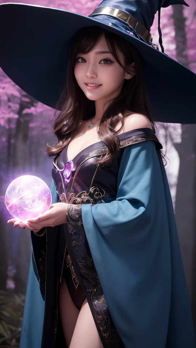 Realistic, masterpiece, highest quality, Highest resolution, One Japanese woman, Happy smile, Detailed and beautiful eyes, Iris, Sparkling eyes, Thin eyebrows, Thin and long eyelashes,Eyelash extensions, Natural Makeup, (Three-stranded, Brown Hair:1.2), Detailed face, She looks to the side and into the distance, laughing, Mouth open, cheeks pink, (magician, Magical forest background,Mysterious atmosphere,Vibrant colors,Dark and mysterious lighting,Magic spells,Glowing magic crystals,Blue Costume,Ornate Robe,Witch Hat,Magic wand,Glowing Rune,holographic effect:1.2), (Fitted clothing:1.3), Upper body photo, (Hide your hands behind your back:1.3), Turning around