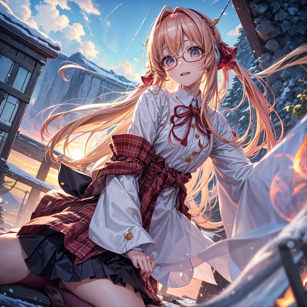 Pink gold golden hair、Golden Eyes、One good looking girl、Twin tails、solo、anime、Checkered mini skirt、The skirt has buttons、Red T-shirt、Long sleeve、China、Cape、Black knee-high socks、Wearing headphones、Wearing a ribbon、Ribbon on waist、Tilting face、Teeth are visible、Sunset sky、The rocks are exploding、Snow is piled up、Rocky Mountain、The clouds are breaking through、Contrail、Glasses、Behind him is a giant World Tree piercing the clouds.、Sitting、Automatic door、Burning Teacup、suspension bridge、Golden Sugar、Touching your face、There's a sword stuck in the mountain