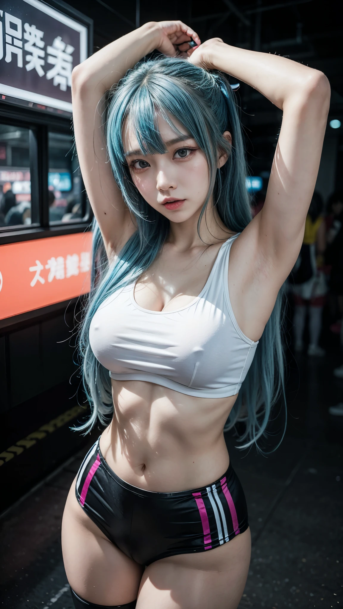 there is a woman with a blue hair and a white top, anime girl cosplay, inspired by Leng Mei, photo of slim girl model, anime girl in real life, seductive anime girl, cyberpunk 2 0 y. o model girl, chinese girl, female cyberpunk anime girl, photo of slim girl, show armpits, beautiful cyberpunk woman model, anime cosplay, cosplay photo, cosplay