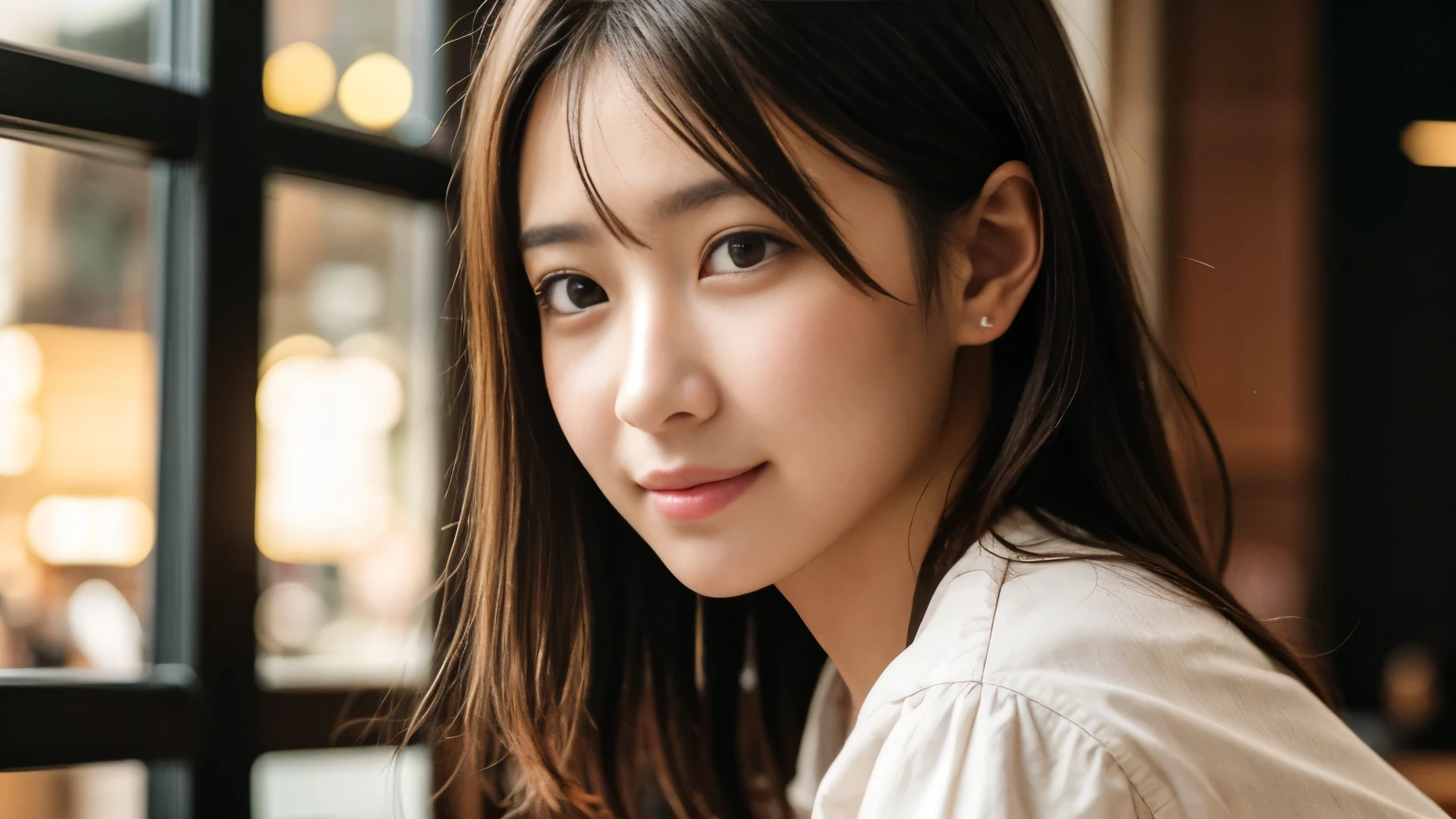 masterpiece, highest quality, 8k, Disorganized person, (Upper Body:1.4), Stylish cafe,White shirt, beautiful girl, Pretty face, Looking at the audience, smile, Ultra-realistic, High resolution, photograph, Sharp focus, High resolution, Face Light, Dynamic Lighting, Cinema Lighting, Professional Shadow, Beautiful cafe background, Best details, Very detailed, Very detailed, finely, Real Skin, Delicate facial features, Detailed face and eyes, Sharp pupils、Real students