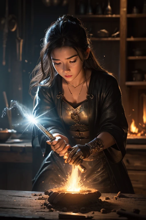 (((medium full shot))), (Masterpiece, photorealistic, photorealism, best quality, ultra-detailed:1.3), (nice hands, perfect hands), official art, cinematic light, (1girl:1.3), adult, RAW photo, blacksmith forges a glowing magical sword in an anvil-filled workshop, sparks swirling around in a mystical dance