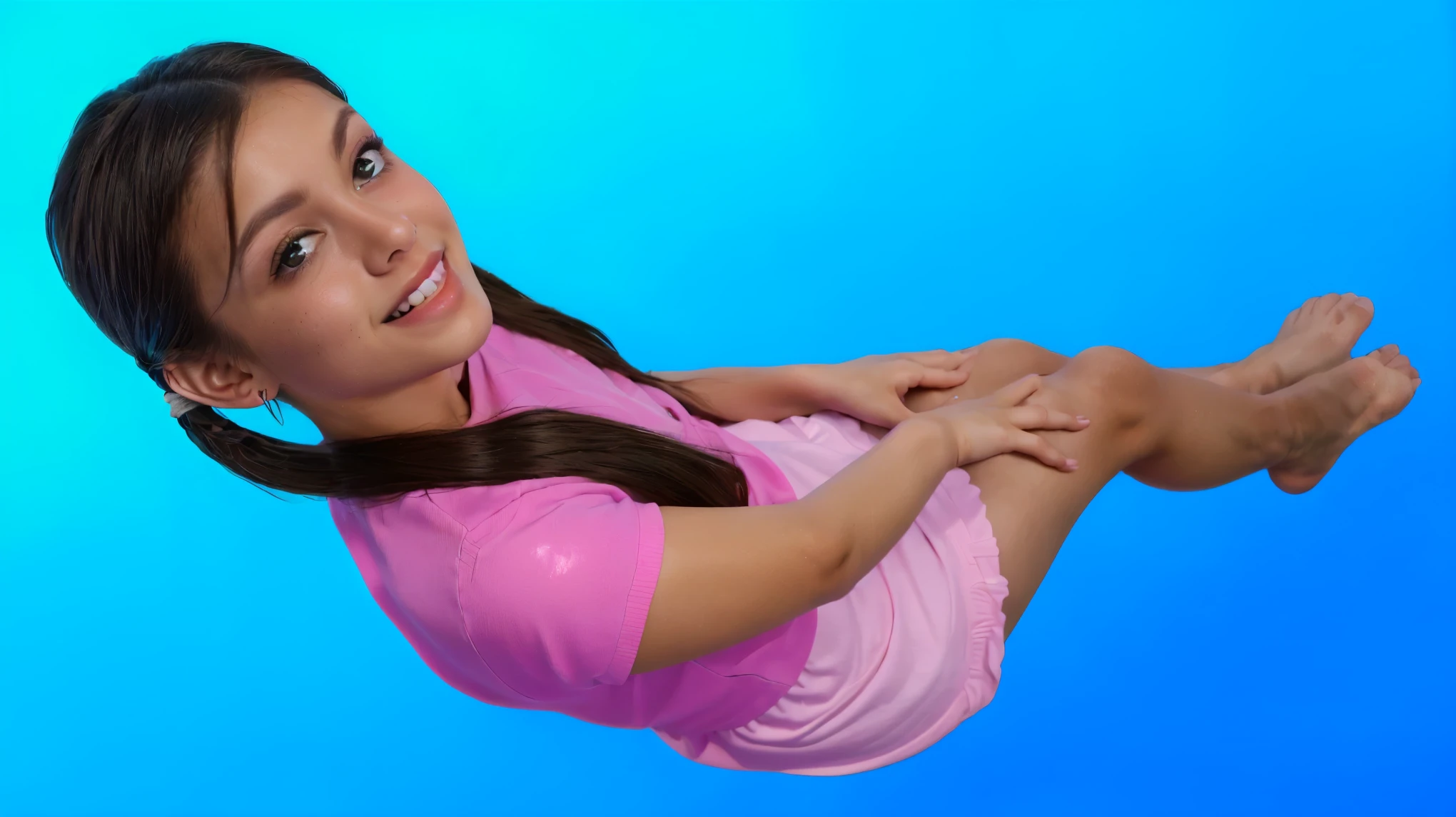 "Create a high-quality, detailed image of a  with smooth and beautiful skin. The  should be smiling, with long, dark hair tied in pigtails, and wearing a pink shirt. Emphasize the fine details and textures of the skin, hair, and clothing, highlighting the natural glow and innocence of the child's complexion. The background should be a gradient from light blue to dark blue to enhance the overall softness and beauty of the skin."