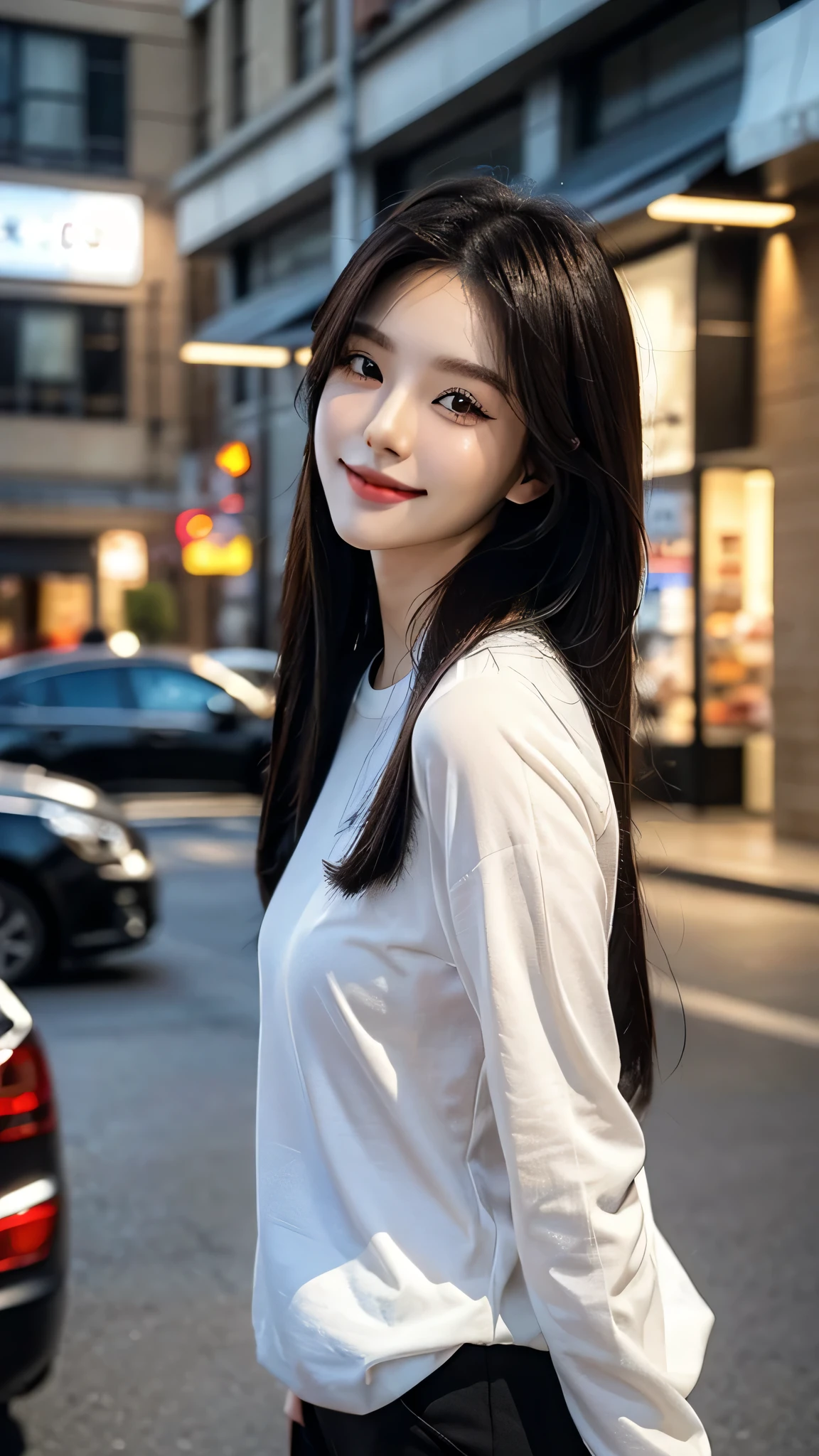 masterpiece、top-quality)、1 beutiful girl、Slim body、((Black and white plain clothes:1.1))、((Wearing black sunglasses )), (Detailed beautiful eyes)、Walk around the store、((Boyish Brown Medium Hair))、((Smaller face))、((Neutral face))、((Face seen from the side))、((Light brown eyes))、((Korean Girl))、((18year old))、((cool lady))、((A shy smile on his face))、((Korean Makeup))、((elongated and sharp eyes))、((Happy dating))、((looking distantly))、((boyish))、((Shot from the same height as your face))、((Shorter than viewer))、((She is running ahead of the viewer))、((Hold your mouth with your hand)), CG rendering, Blurred background, deep shadow, 16K, Very detailed, wallpaper, depth of field, movie light, lens flare, Ray tracing.