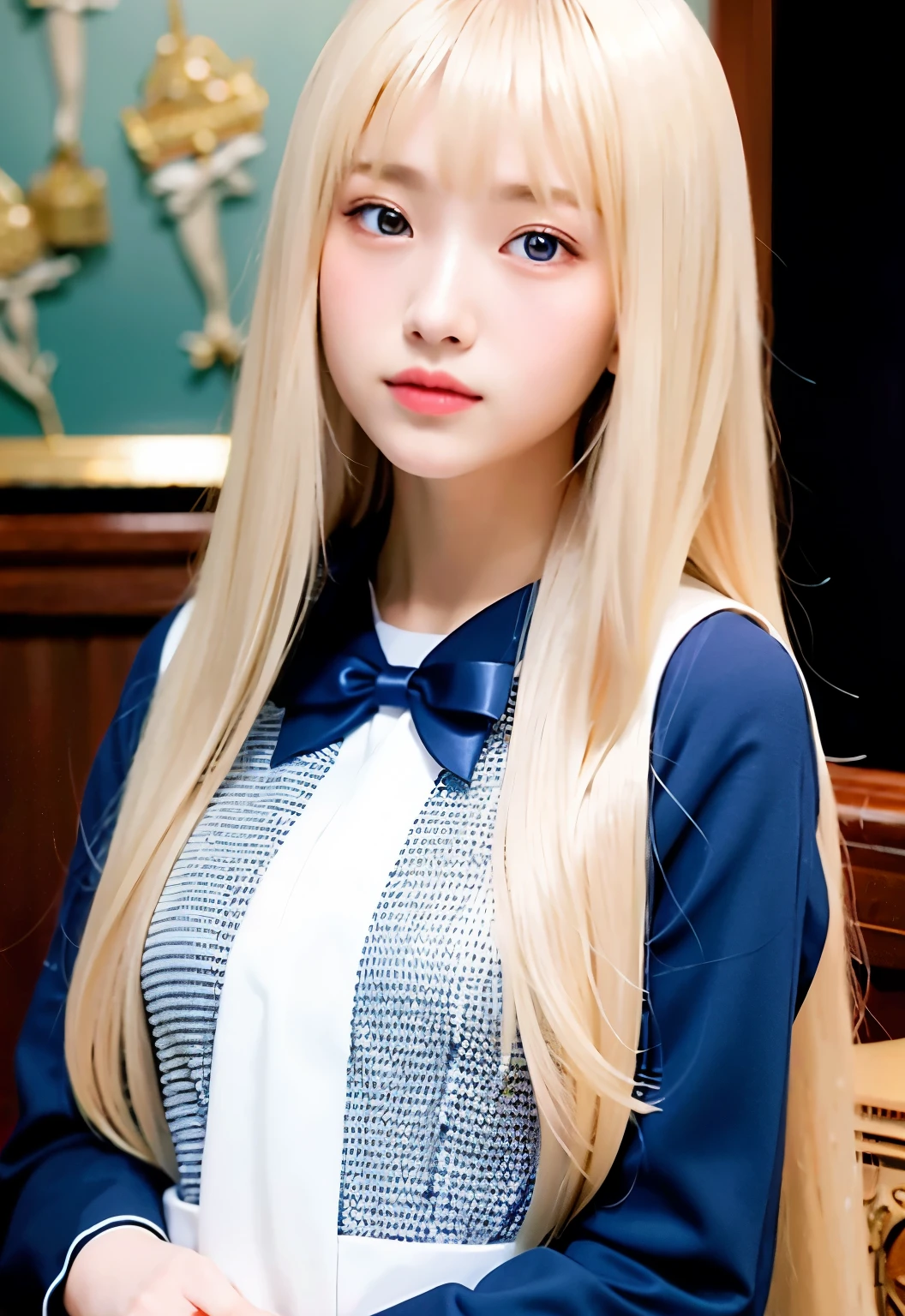 Bust Shot, Sailor suit, uniform, Very beautiful 16 year old girl, Shining, dazzling, shiny, white, beautiful skin, Beautiful Bangs, Beautiful platinum blonde with very long, straight, silky hair, Super long straight hair, eyeliner, Beautiful, sparkling, clear, big blue eyes