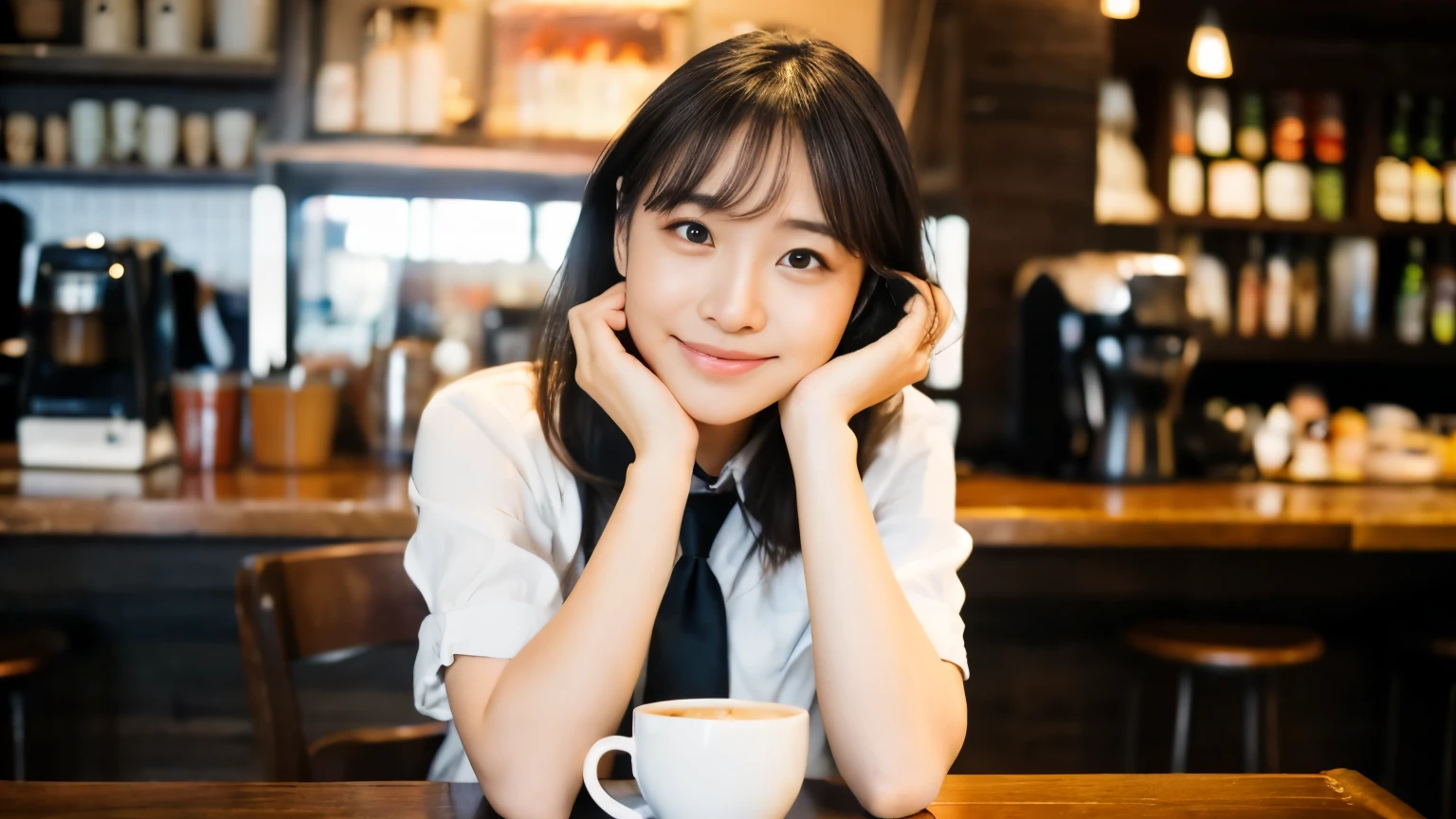 (highest quality、In 8K、32k、masterpiece、Hmph、超A high resolution、Impressionism、Realistic:1.2)、Cowboy Shot、Sharp focus、Detailed face and eyes、(There is a plate of cake and coffee on the table, Cafe, sit at a mocha-colored table, dessert, ミニチュアCafeジオラマ, ダイナーCafe, At the coffee shop, 居心地の良いCafeの背景, At the coffee shopコーヒーを楽しむ, Cafeに座っている, Shot on a Sony Alpha 1 camera, by Maki Haku)、Sharp pupils、Beautiful Face、Beautiful 20 year old girl、Shiny skin、Medium Short、Beautiful dark brown hair、Blunt bangs、shirt、tie、Checked mini skirt、Black socks、(smile:1.2)、ニューヨークの明るく活気あるCafeの中で、Depicting a beautiful woman, Like a model, I&#39;m crazy about reading.。She is a Japanese university student..、茶髪のMedium Shortヘアをしており、It stands out for its beauty。Female college student、He was concentrating on the book on the table in front of her...、All around you, You can see other customers having fun.。Cafeの奥では、The staff are busy working at the counter...、都市のCafe特有のにぎわいと温かみが感じられる。This scene、静かな読書タイムを楽しむFemale college studentの穏やかな美しさ.、Cafeの活気ある日常生活が融合した瞬間を捉えています。