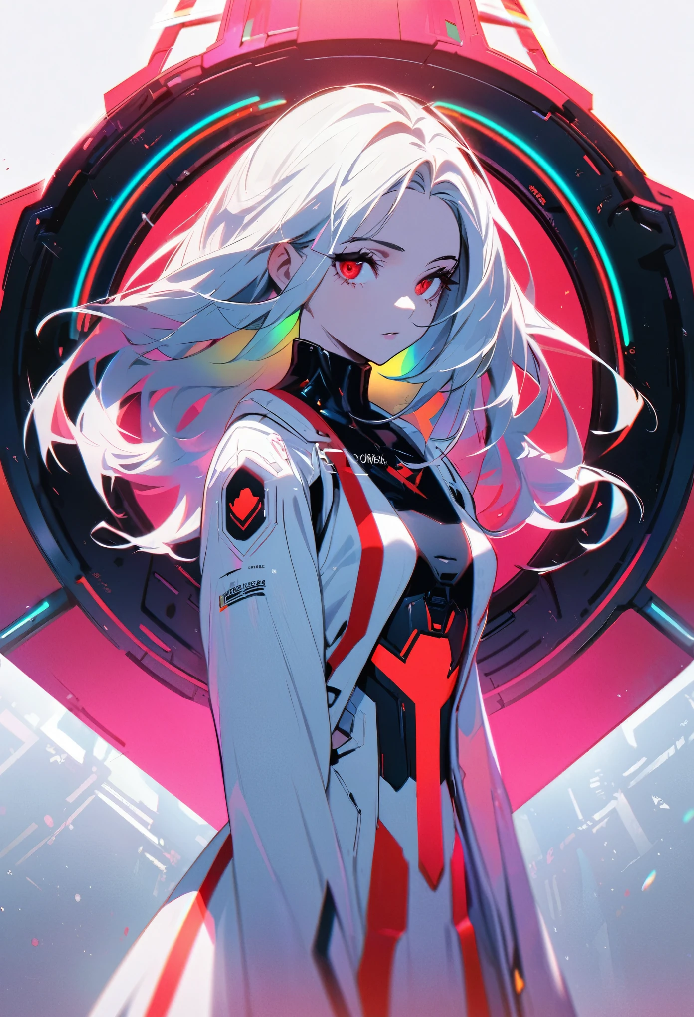 Handsome, Solitary, 1 female, Long hair, Black hair, Rainbow hair,The glowing red reactor core, Red eyes, White clothes, Futurism, Cyberpunk, Cybernetic