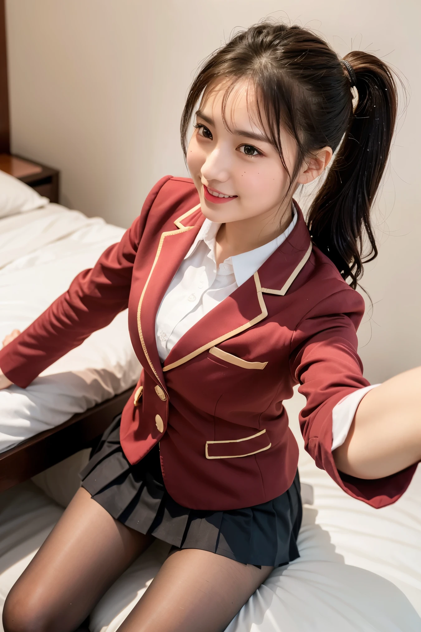 (8k), (highest quality: 1.2), (Realistic), (Realistic: 1.37), Ultra-high resolution, 1 girl, cute, smile, Mouth closed,(Red Lip:1.2), Beautiful details, (blush:1.2),Beautiful Nose, Wet Hair,ponytail, Giant Dulcefo, pork, Thighs，Selfie,University Student Uniform,A simple blazer,Pleated skirt,Are standing,Opaque tights,(8k), (highest quality: 1.2), (Realistic), (Realistic: 1.37), Ultra-high resolution, 1 girl, cute, smile, Mouth closed, Beautiful details, Beautiful Nose, Wet Hair, Giant Dulcefo, pork, Thighs，Selfie,University Student Uniform,A simple blazer,Pleated skirt,Opaque tights,bed,Spread your legs ,Skirt Lift, From above
